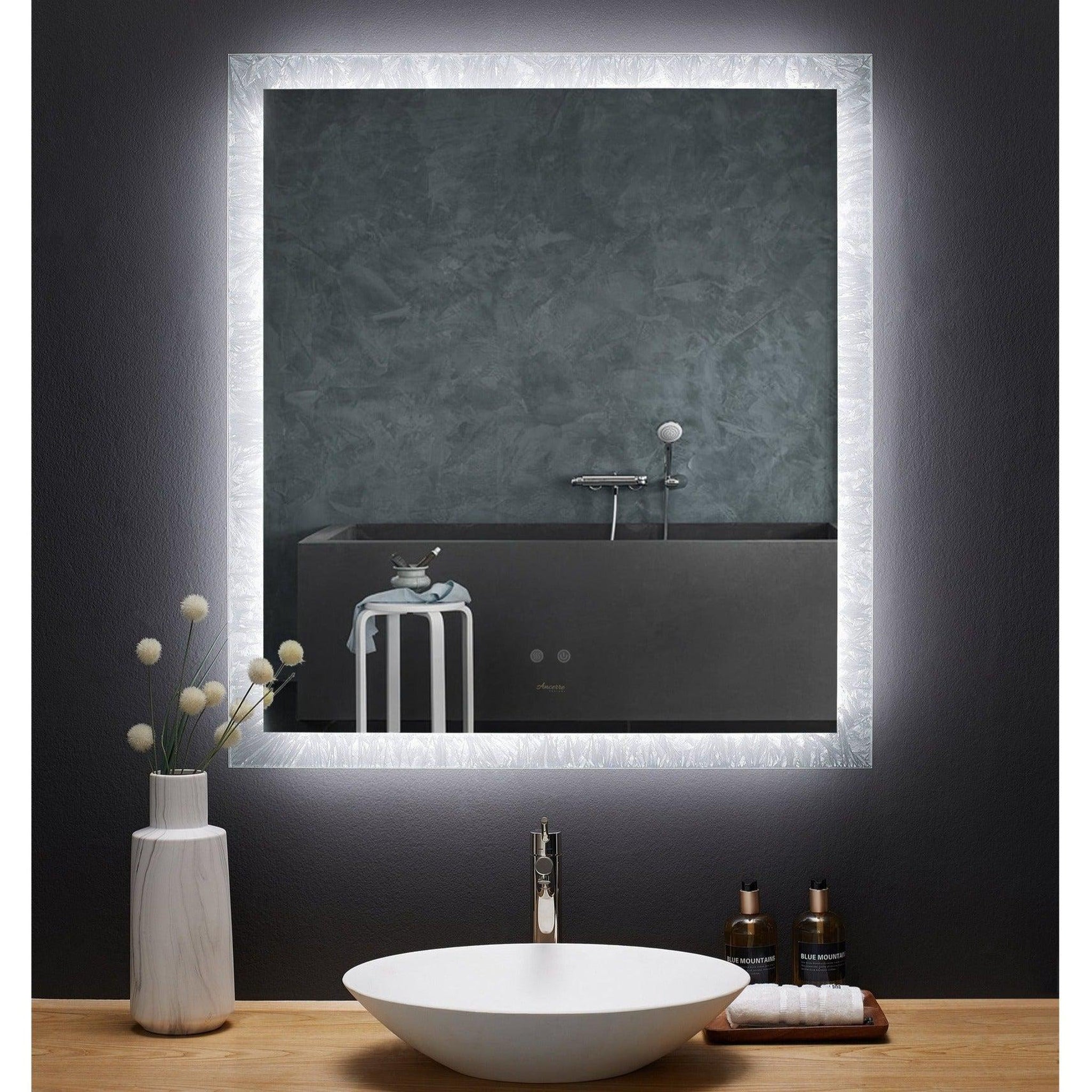 Ancerre Designs, Ancerre Designs Frysta 36" x 40" Modern Rectangular LED Lighted Frameless Bathroom Vanity Mirror With Defogger, Dimmer and Mounting Hardware