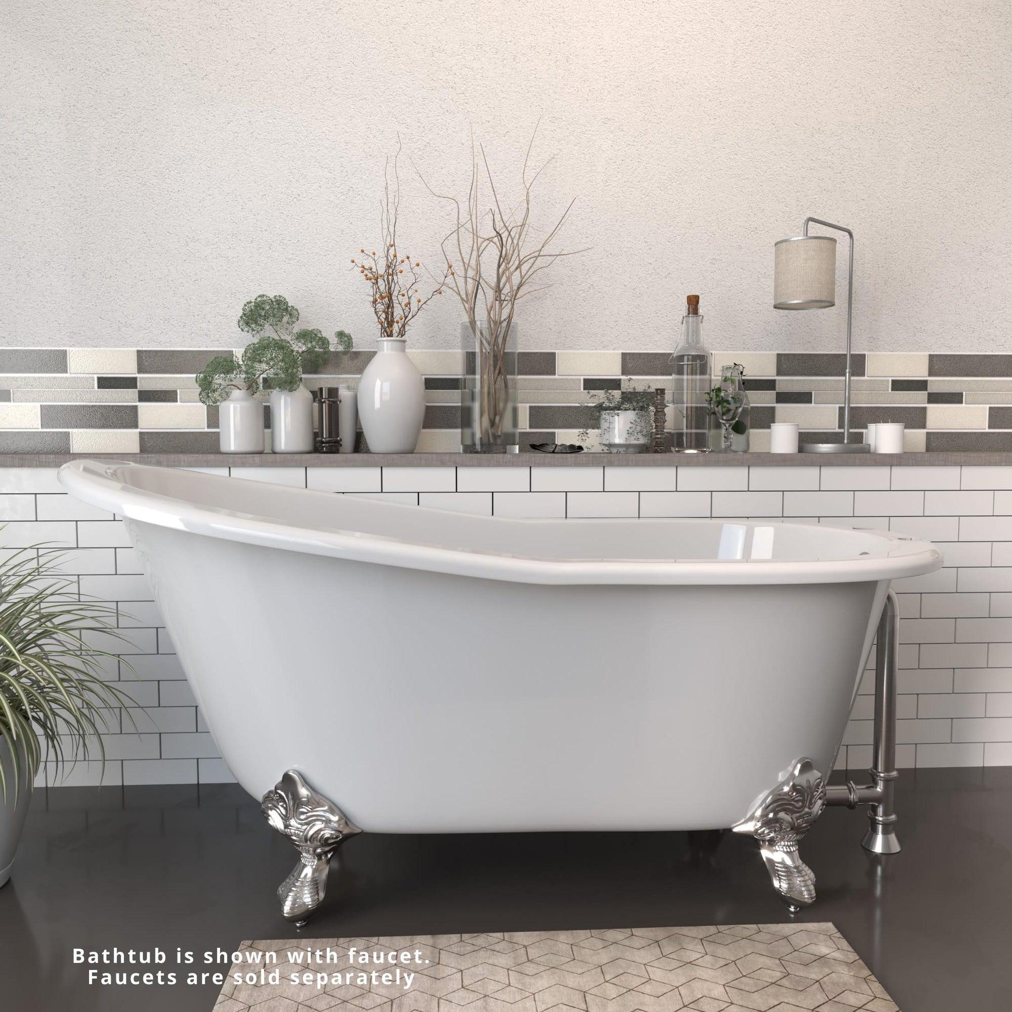 Cambridge Plumbing, Cambridge Plumbing 67" White Cast Iron Single Slipper Clawfoot Bathtub With Deck Holes With Polished Chrome Feet