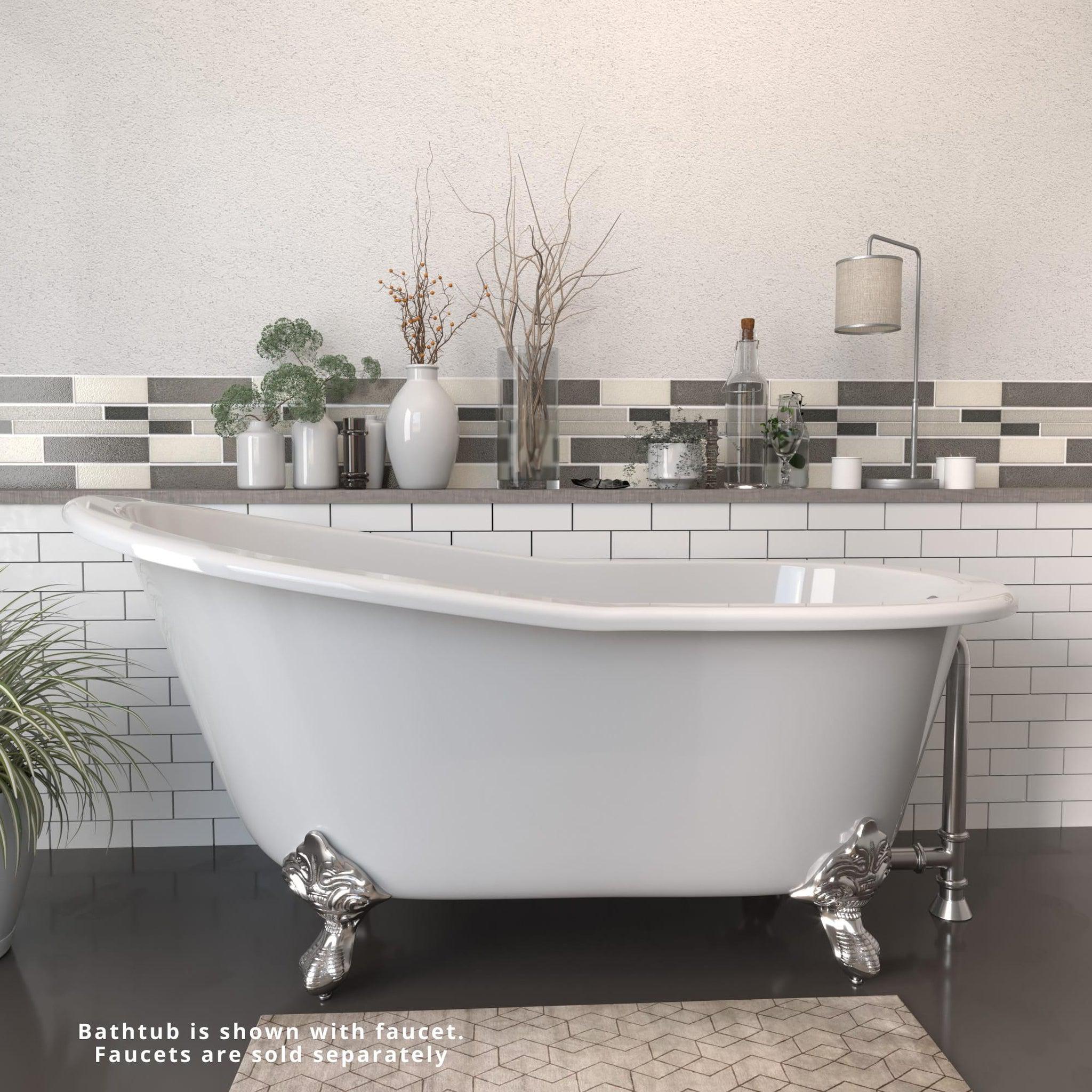 Cambridge Plumbing, Cambridge Plumbing 67" White Cast Iron Single Slipper Clawfoot Bathtub With No Faucet Holes With Brushed Nickel Feet