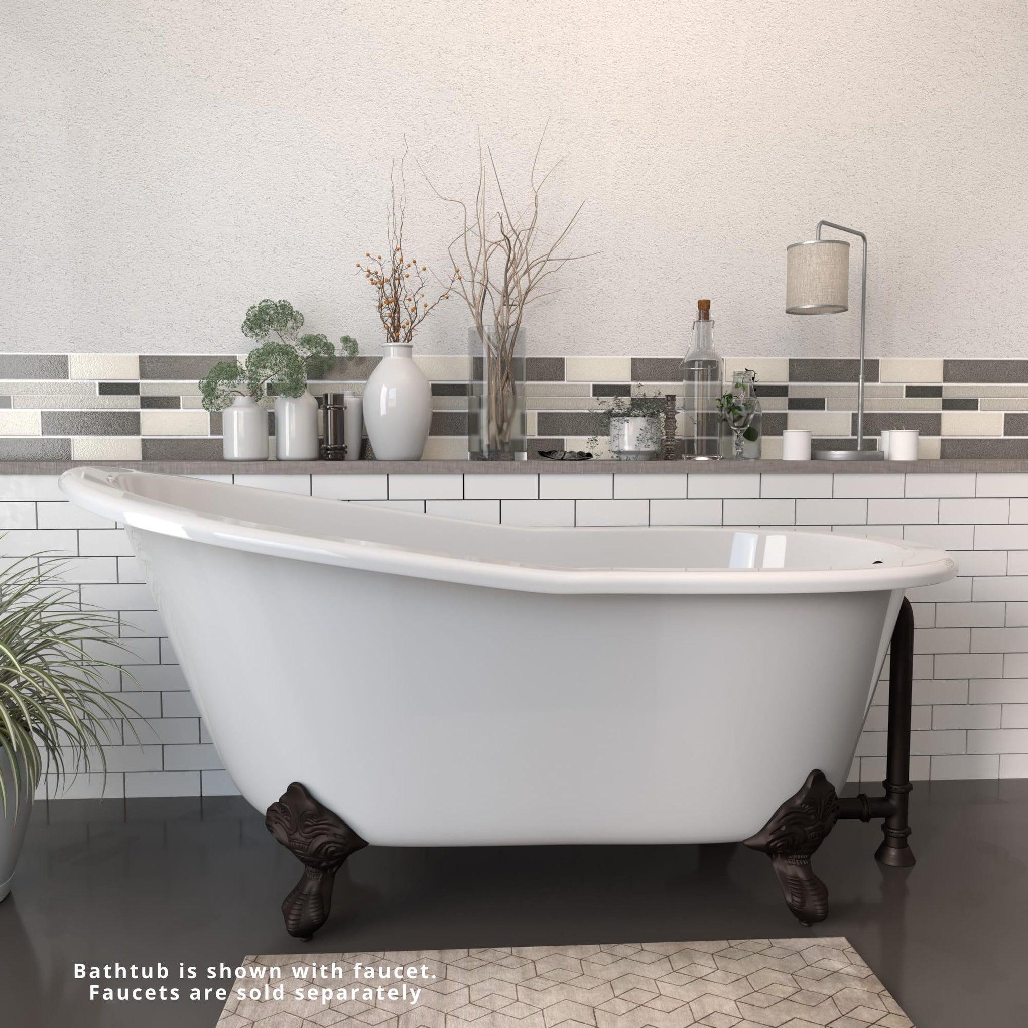 Cambridge Plumbing, Cambridge Plumbing 67" White Cast Iron Single Slipper Clawfoot Bathtub With No Faucet Holes With Oil Rubbed Bronze Feet