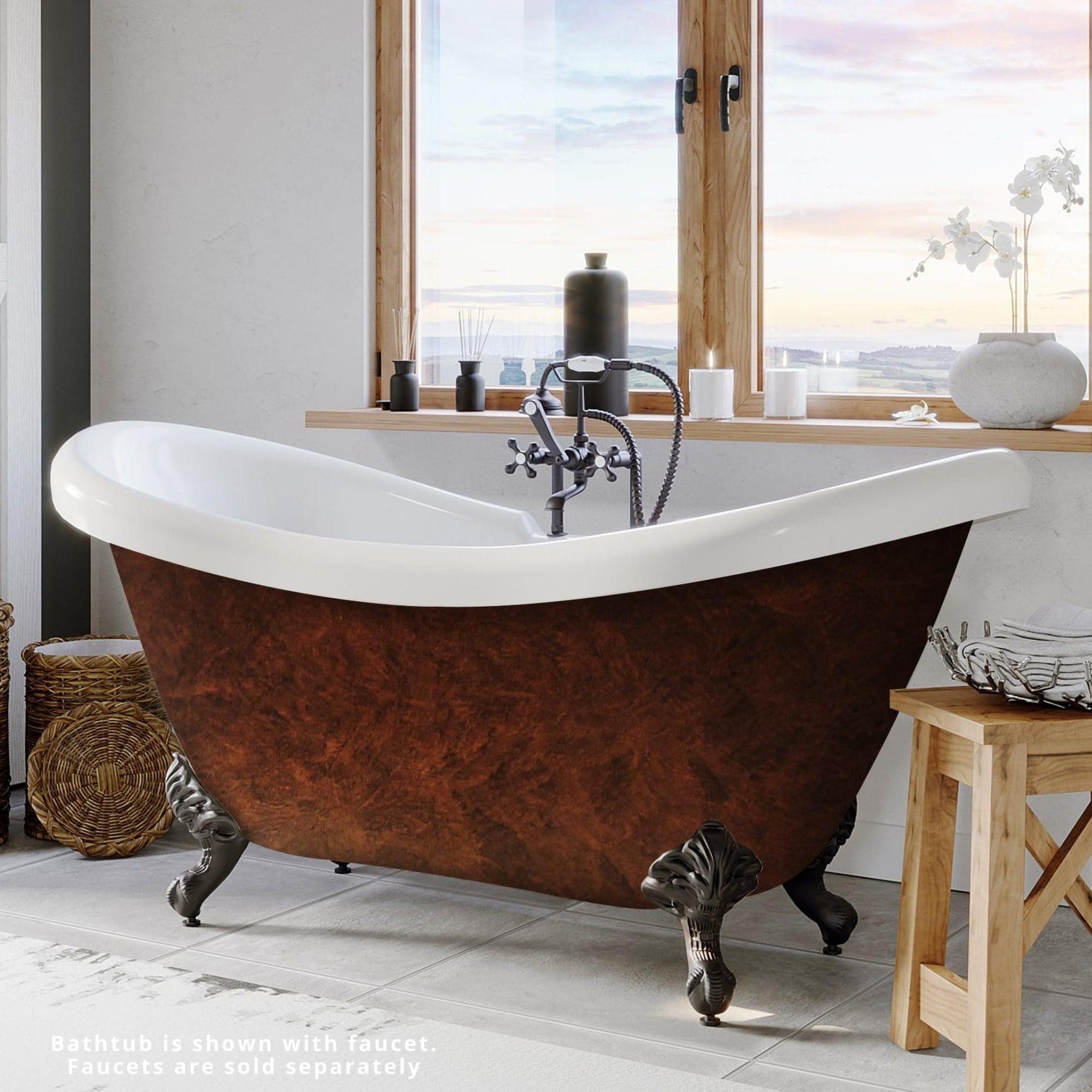 Cambridge Plumbing, Cambridge Plumbing 69" Hand Painted Copper Bronze Double Slipper Clawfoot Acrylic Bathtub With Deck Holes With Oil Rubbed Bronze Feet