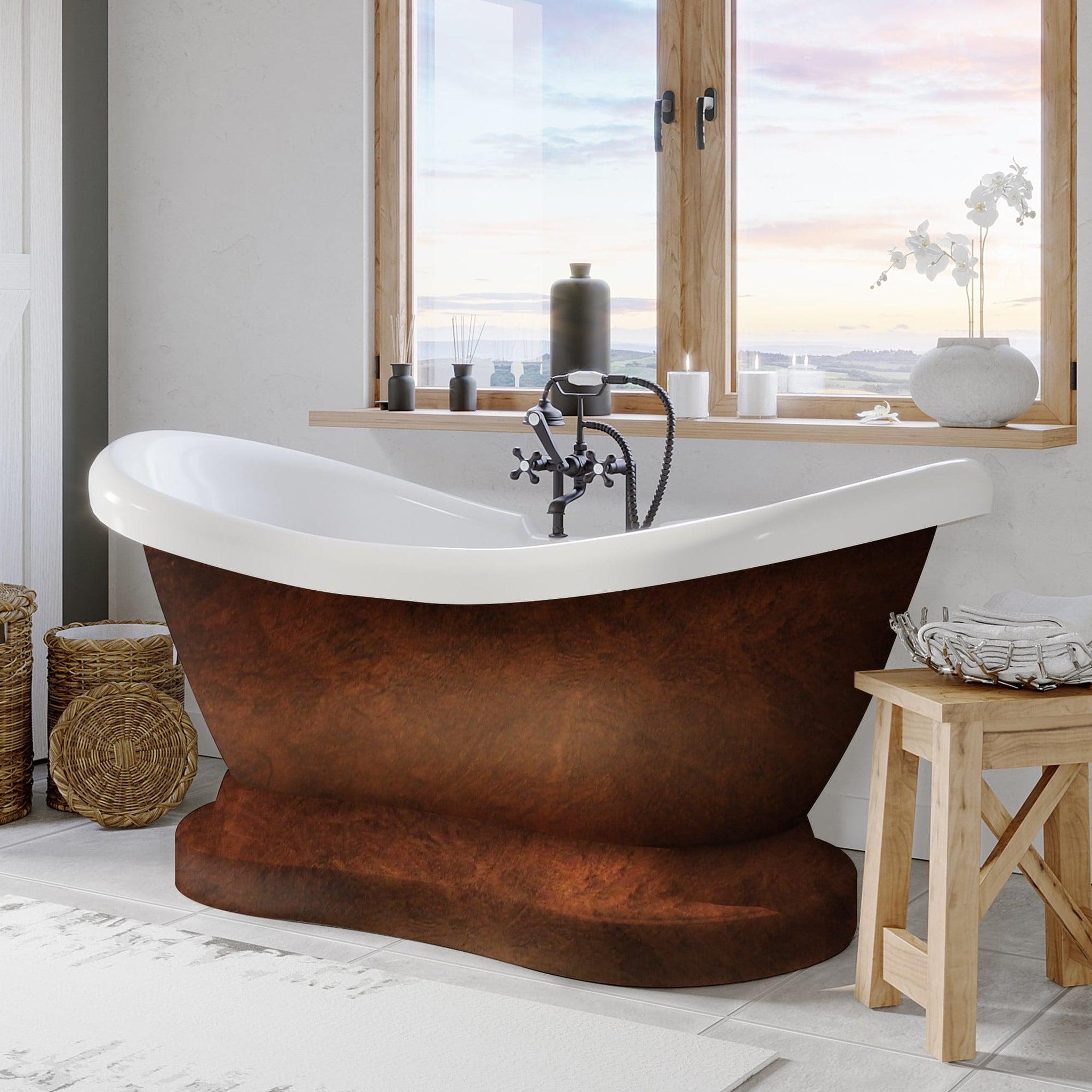 Cambridge Plumbing, Cambridge Plumbing 69" Hand Painted Copper Bronze Double Slipper Pedestal Acrylic Bathtub With Deck Holes