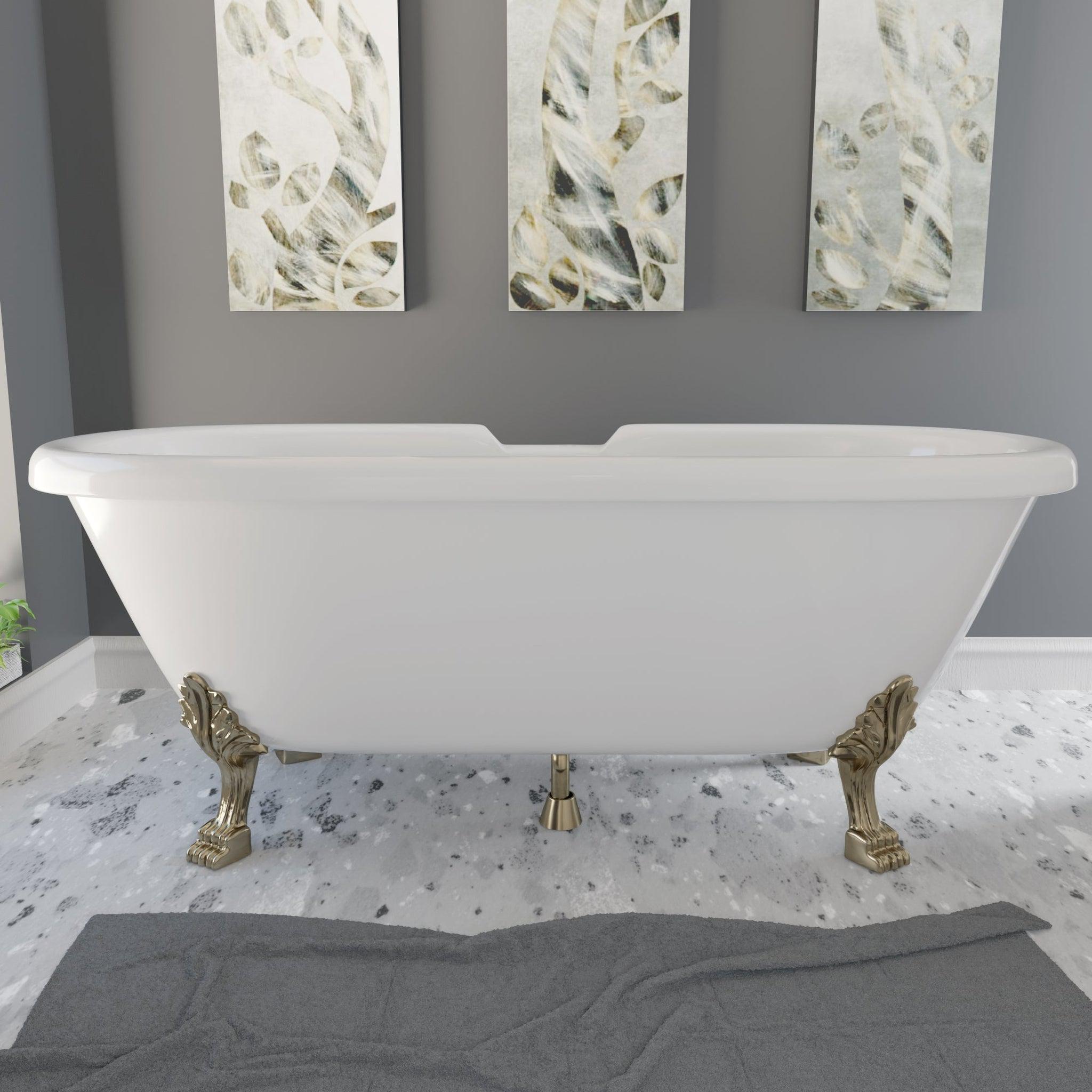 Cambridge Plumbing, Cambridge Plumbing 69" White Dolomite Mineral Composite Double Ended Bathtub With No Faucet Holes And Antique Brass Lion Paw Feet