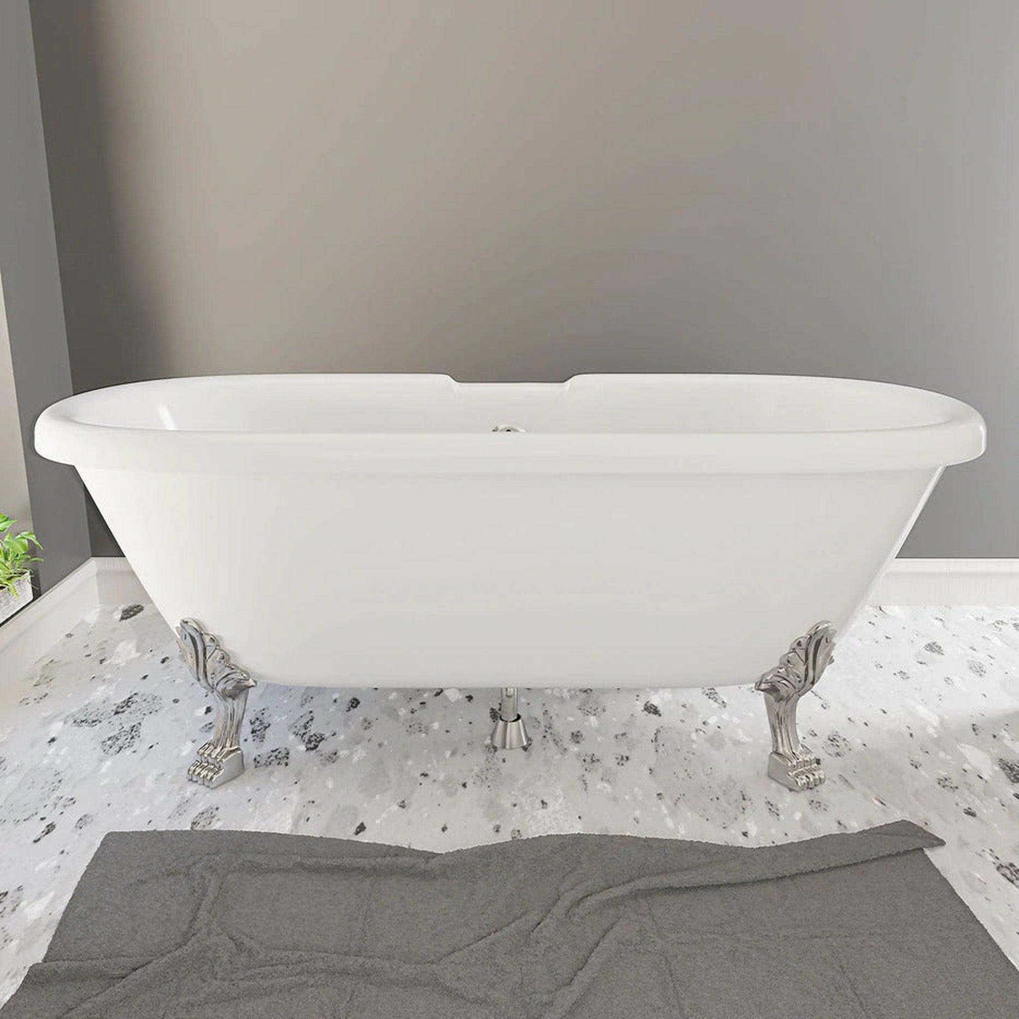 Cambridge Plumbing, Cambridge Plumbing 69" White Dolomite Mineral Composite Double Ended Bathtub With No Faucet Holes And Brushed Nickel Lion Paw Feet