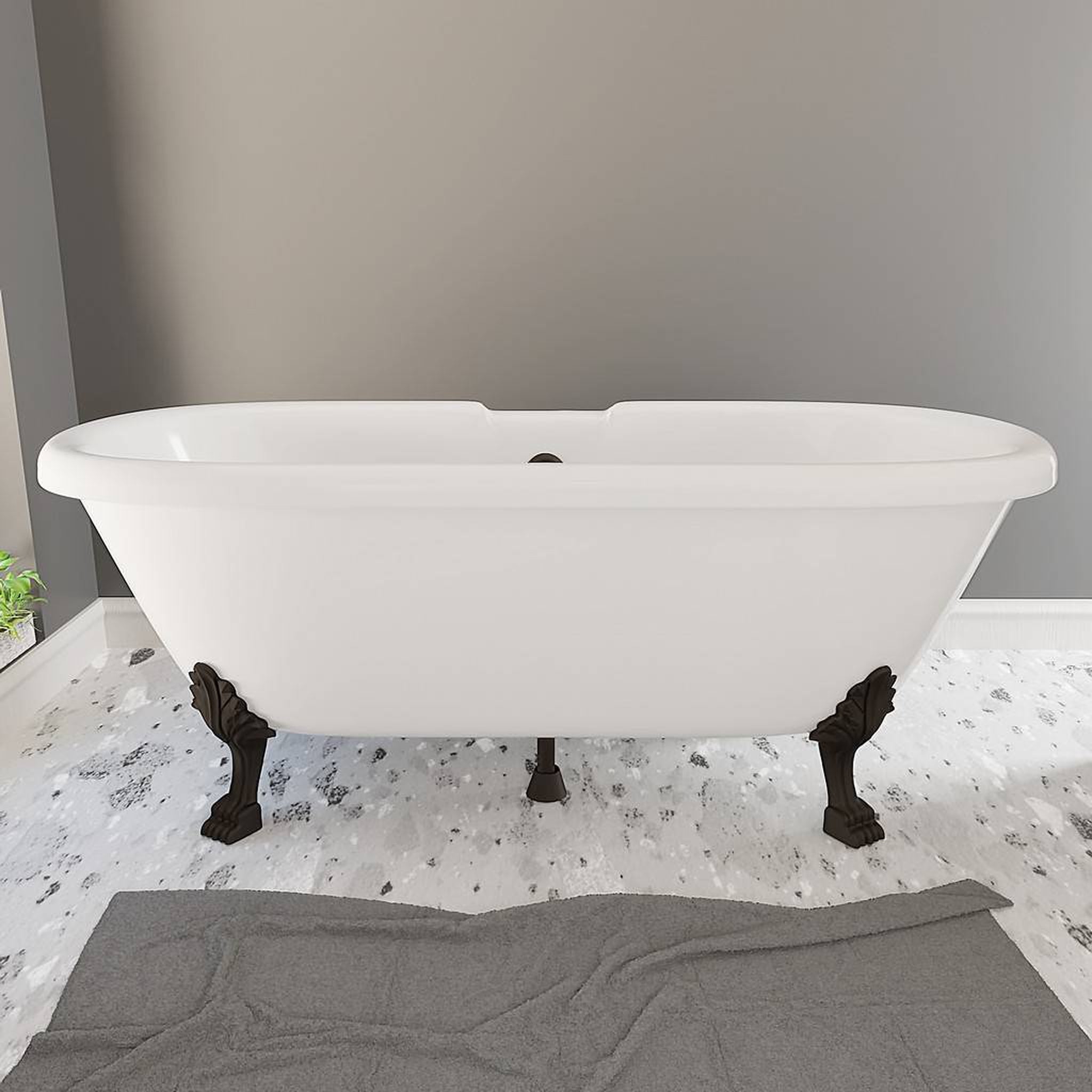 Cambridge Plumbing, Cambridge Plumbing 69" White Dolomite Mineral Composite Double Ended Bathtub With No Faucet Holes And Oil Rubbed Bronze Lion Paw Feet