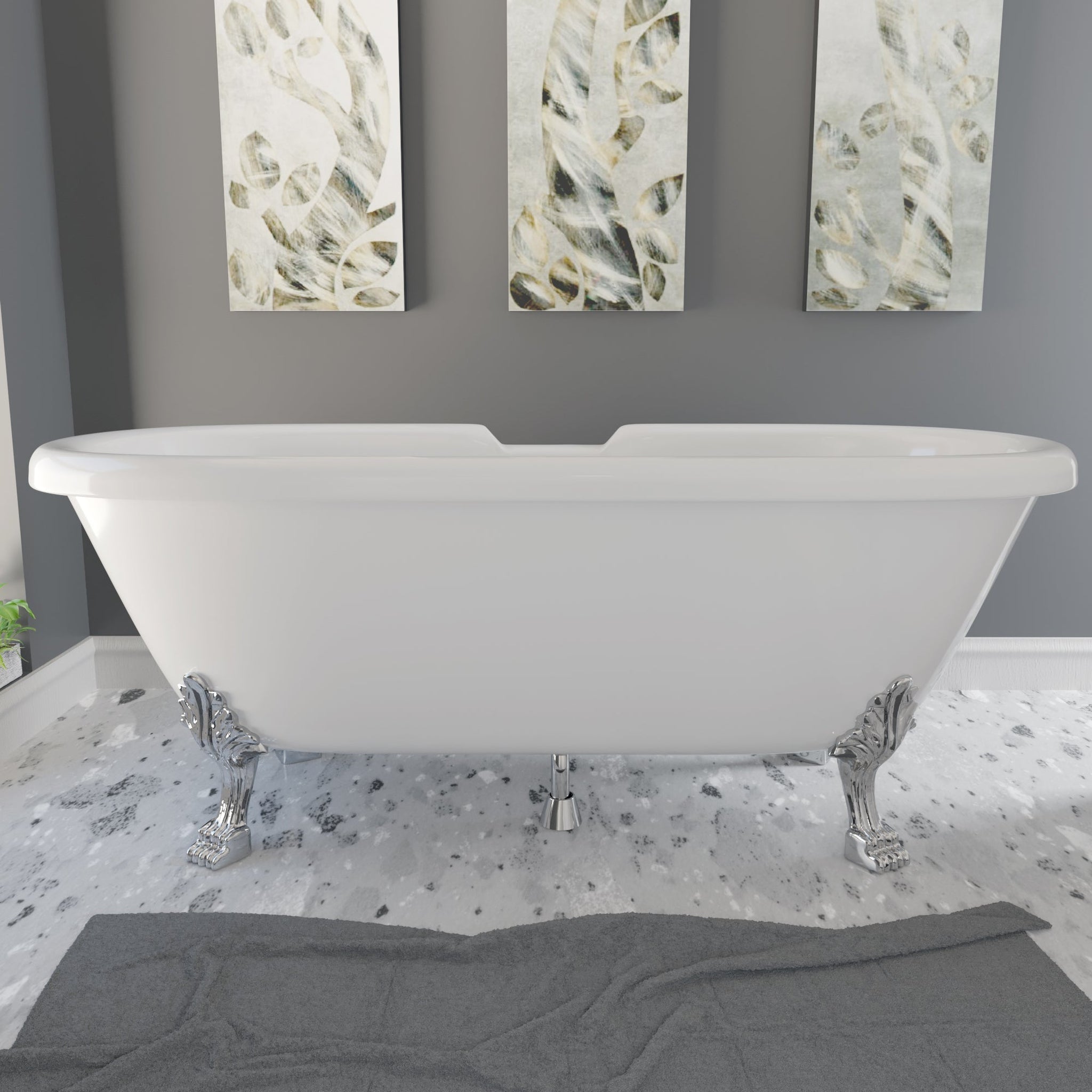 Cambridge Plumbing, Cambridge Plumbing 69" White Dolomite Mineral Composite Double Ended Bathtub With No Faucet Holes And Polished Chrome Lion Paw Feet