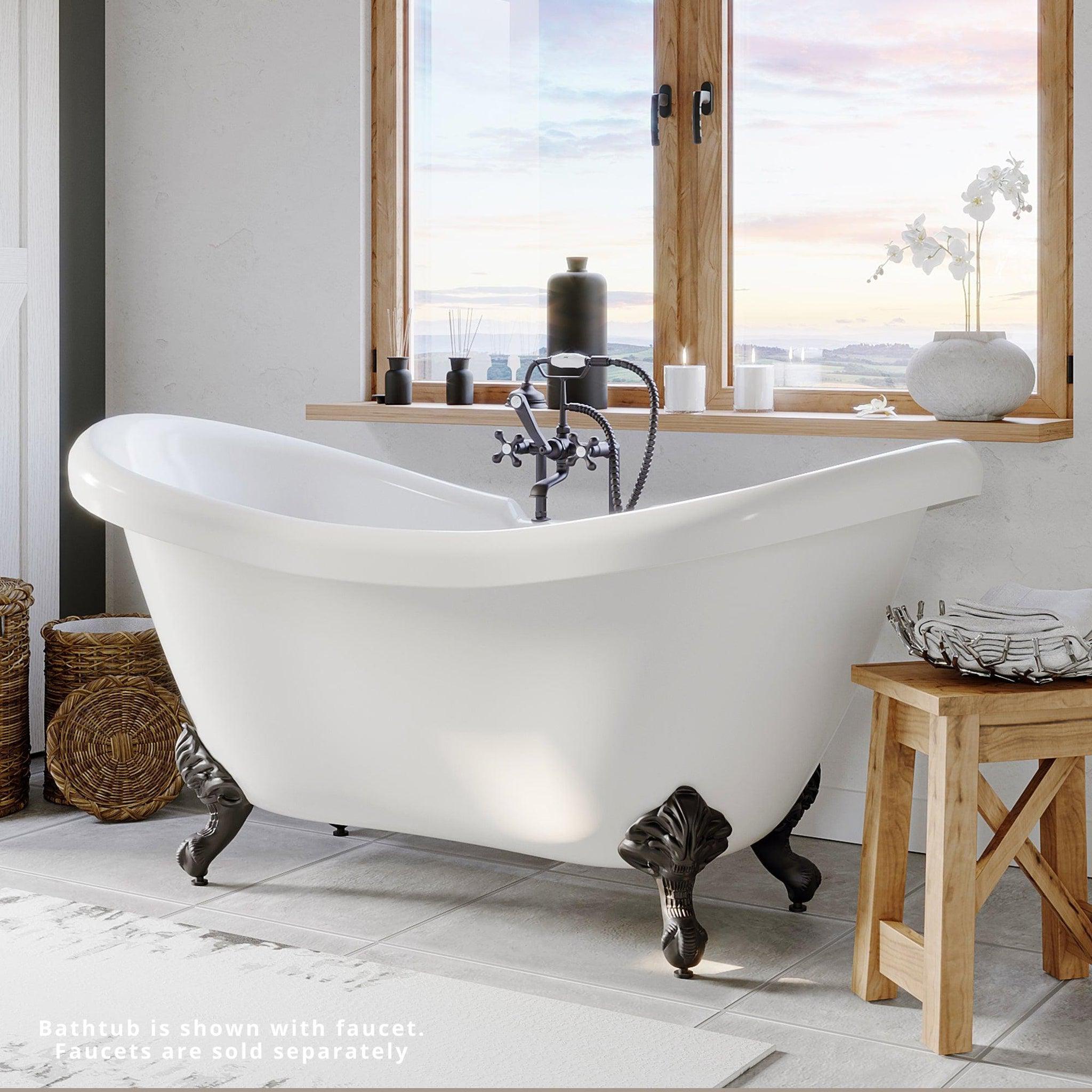 Cambridge Plumbing, Cambridge Plumbing 69" White Double Slipper Clawfoot Acrylic Bathtub With Deck Holes With Oil Rubbed Bronze Feet