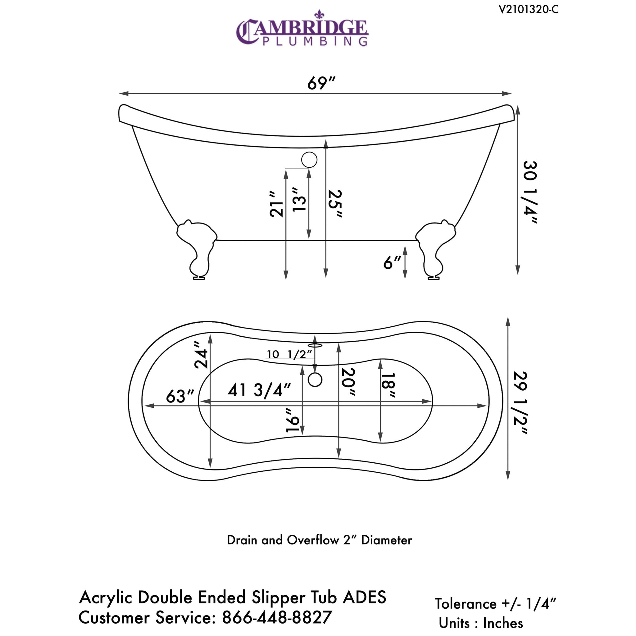 Cambridge Plumbing, Cambridge Plumbing 69" White Double Slipper Clawfoot Acrylic Bathtub With No Deck Holes Having Oil Rubbed Bronze Feet