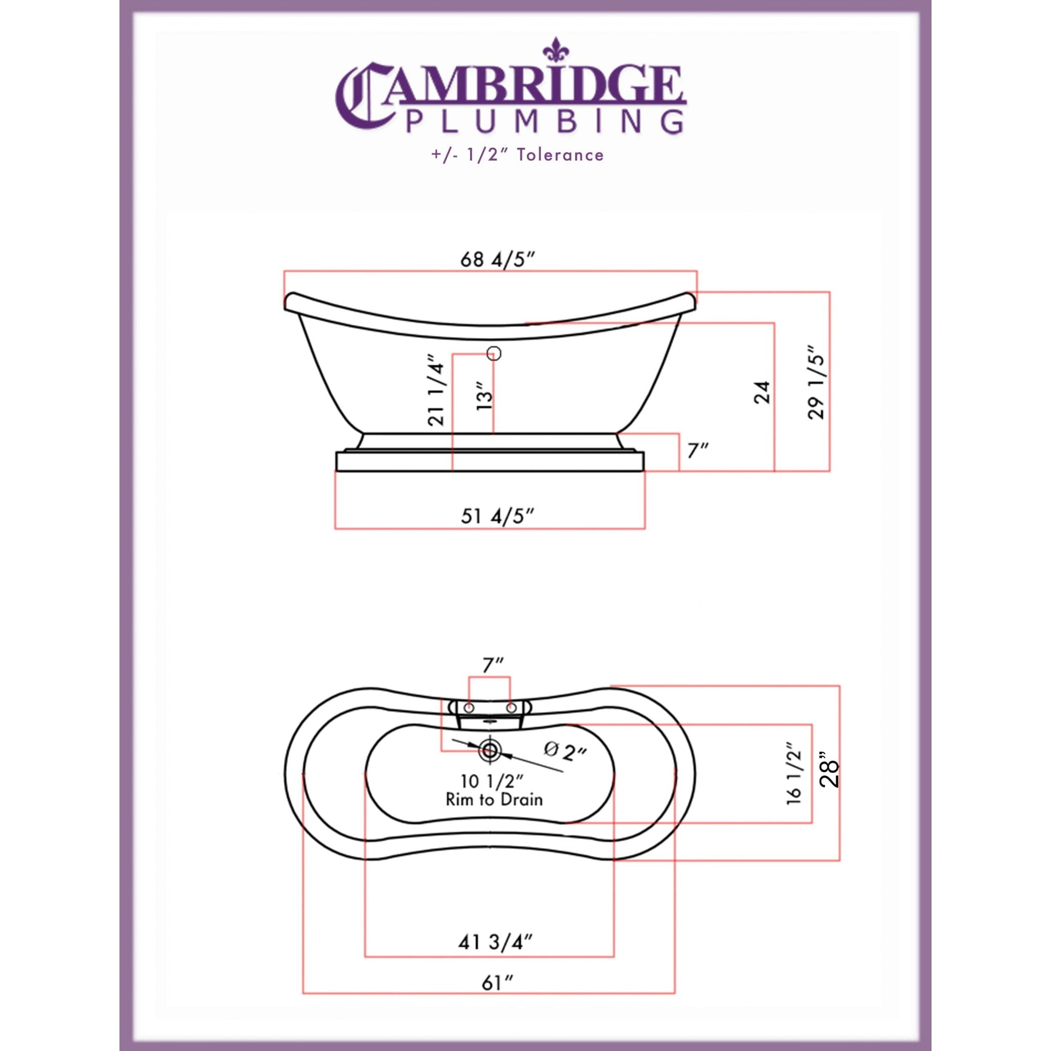 Cambridge Plumbing, Cambridge Plumbing 69" White Double Slipper Pedestal Acrylic Bathtub With Deck Holes