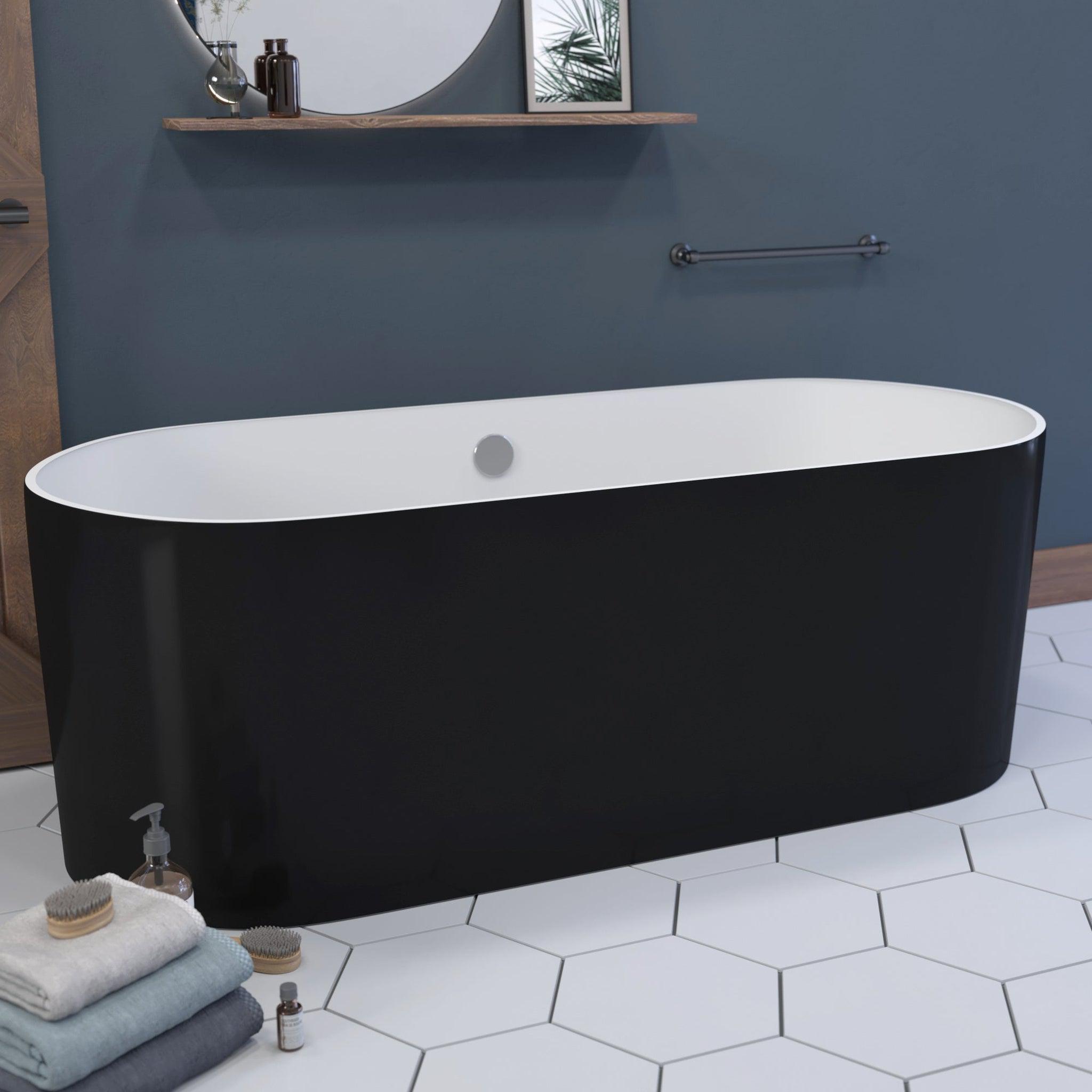 Cambridge Plumbing, Cambridge Plumbing 71" Black Mineral Composite Double Ended Pedestal Bathtub With No Faucet Holes With Polished Chrome Drain And Overflow Assembly