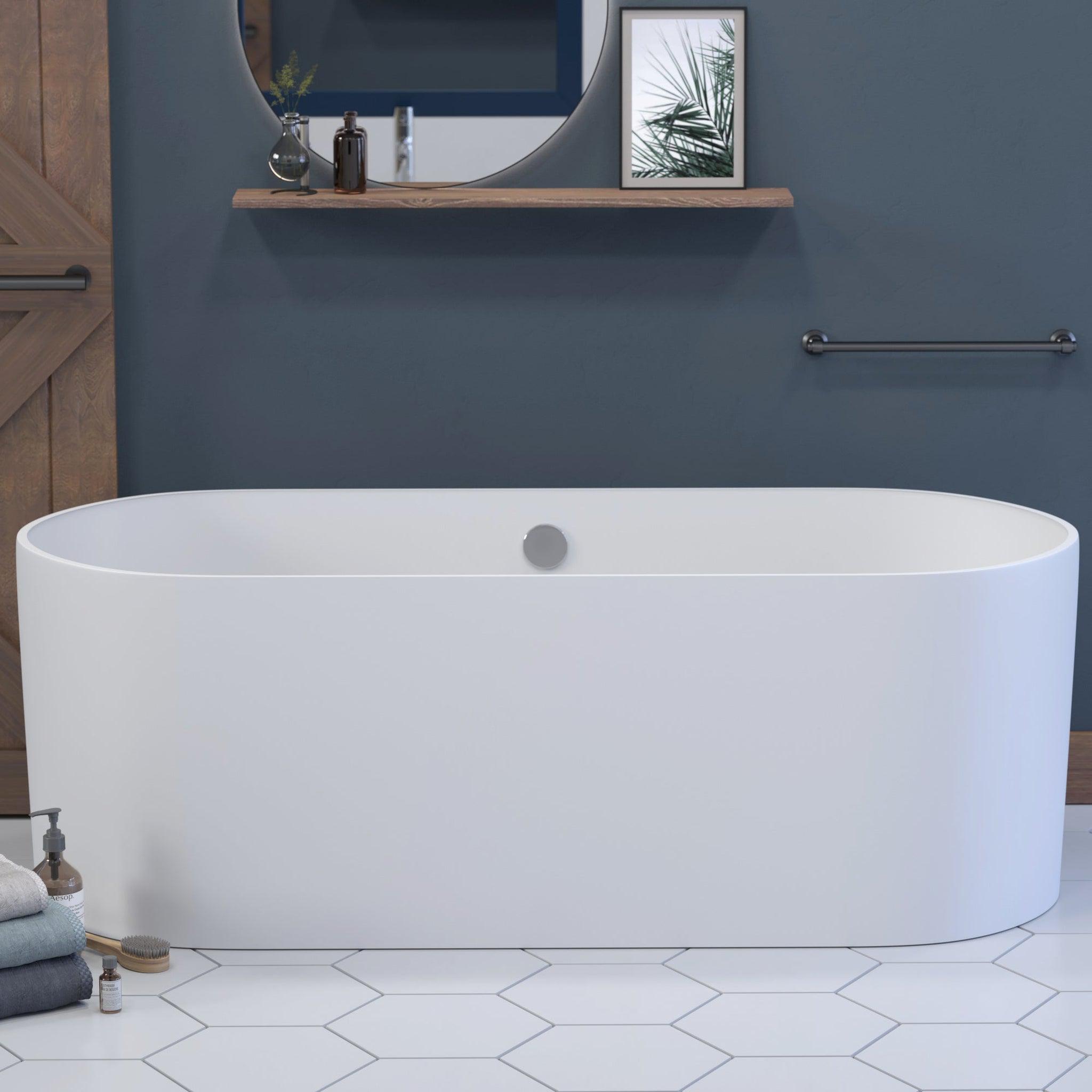 Cambridge Plumbing, Cambridge Plumbing 71" Matte White Mineral Composite Double Ended Pedestal Bathtub With No Faucet Holes With Polished Chrome Drain And Overflow Assembly