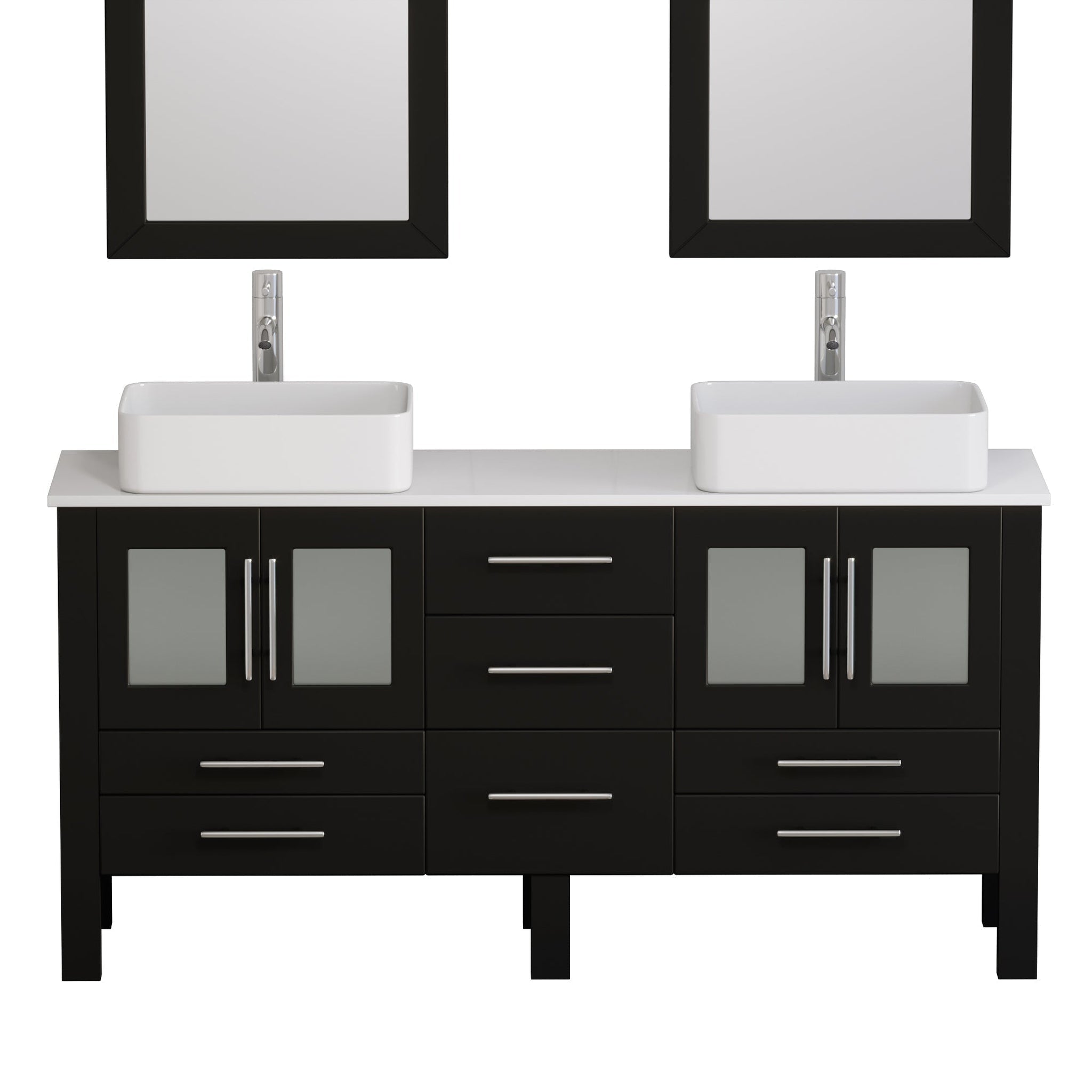 Cambridge Plumbing, Cambridge Plumbing 72" Black Espresso Wood Double Vanity Set With Porcelain Countertop And Rectangular Vessel Sink With Brushed Nickel Plumbing Finish