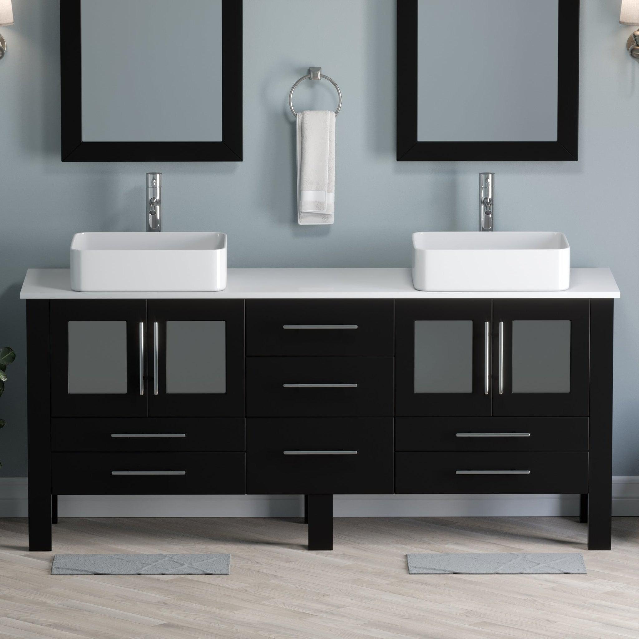 Cambridge Plumbing, Cambridge Plumbing 72" Black Espresso Wood Double Vanity Set With Porcelain Countertop And Rectangular Vessel Sink With Polished Chrome Plumbing Finish