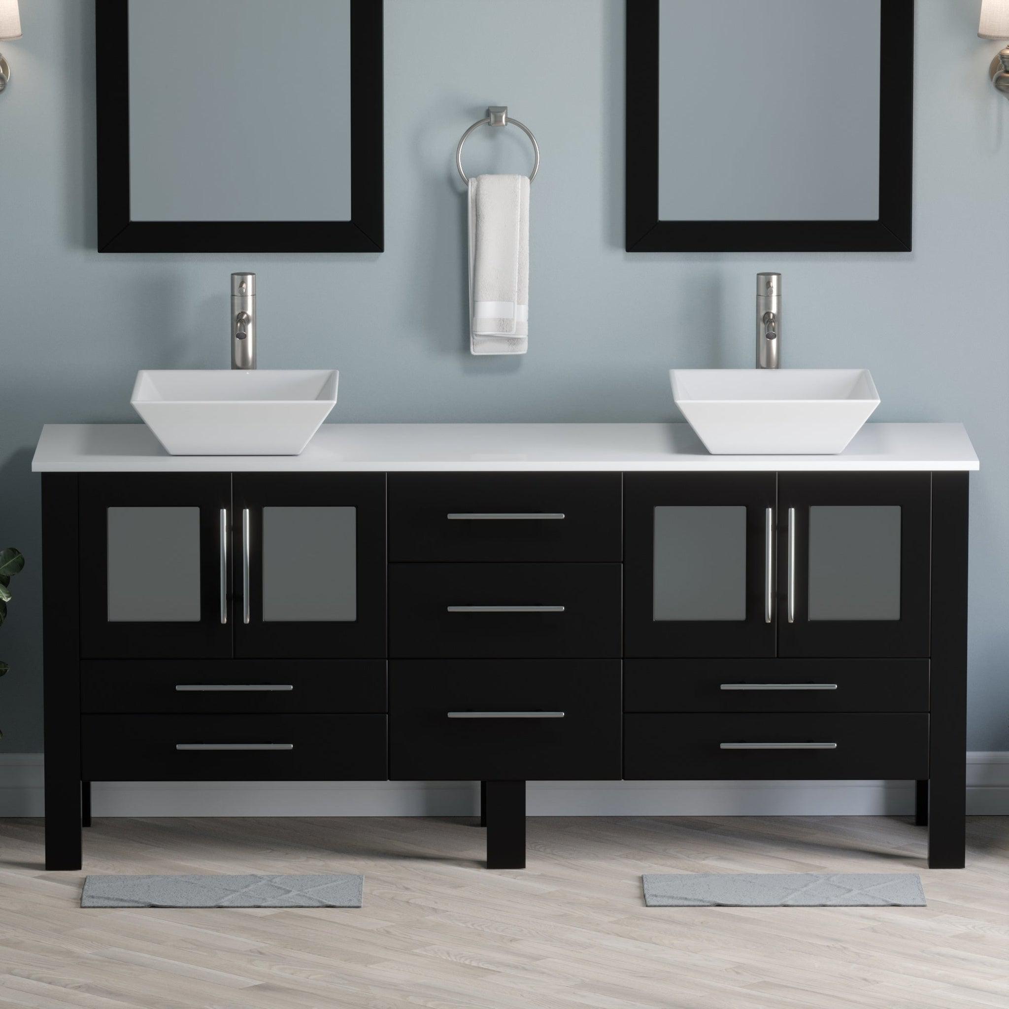 Cambridge Plumbing, Cambridge Plumbing 72" Black Espresso Wood Double Vanity Set With Porcelain Countertop And Square Vessel Sink With Brushed Nickel Plumbing Finish