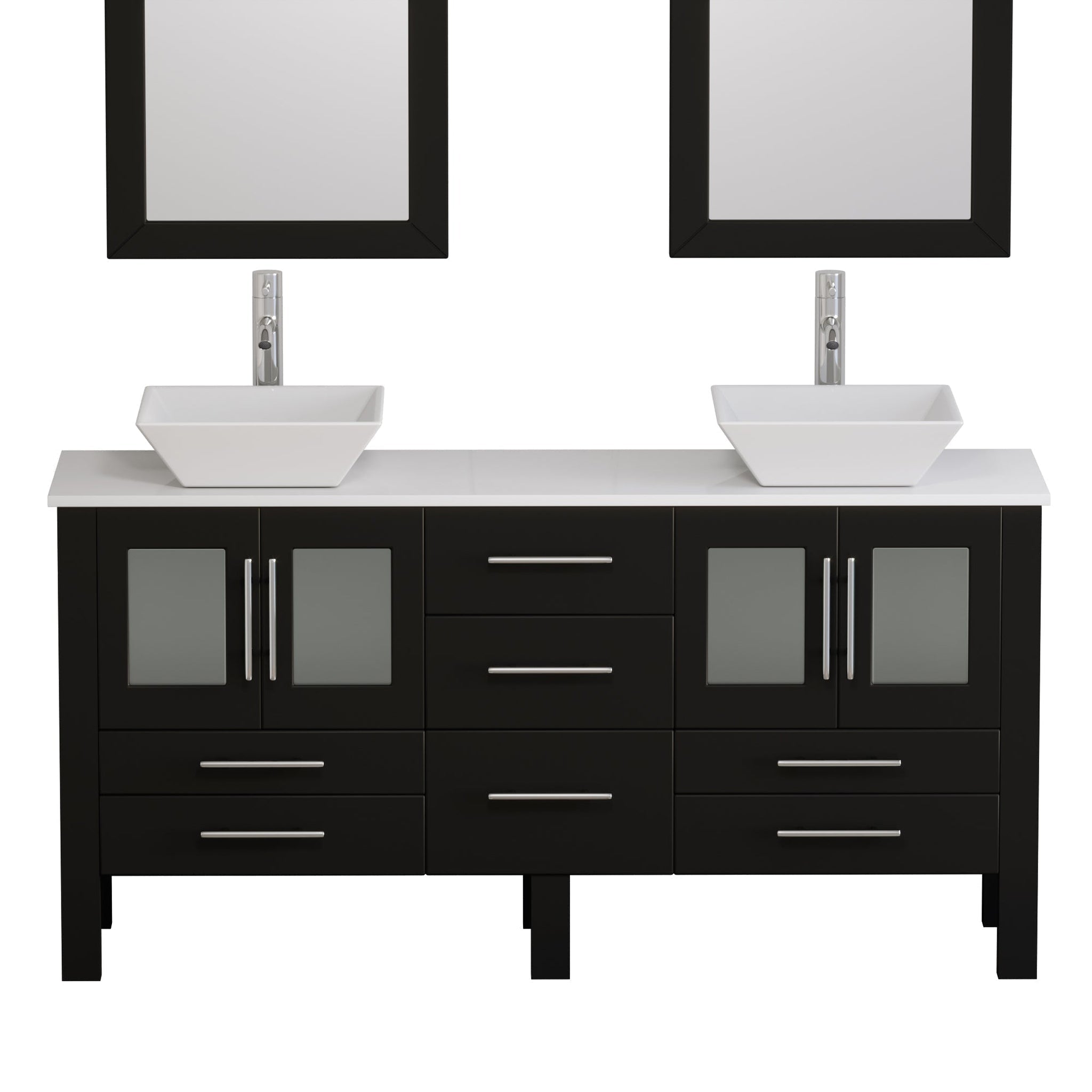 Cambridge Plumbing, Cambridge Plumbing 72" Black Espresso Wood Double Vanity Set With Porcelain Countertop And Square Vessel Sink With Polished Chrome Plumbing Finish