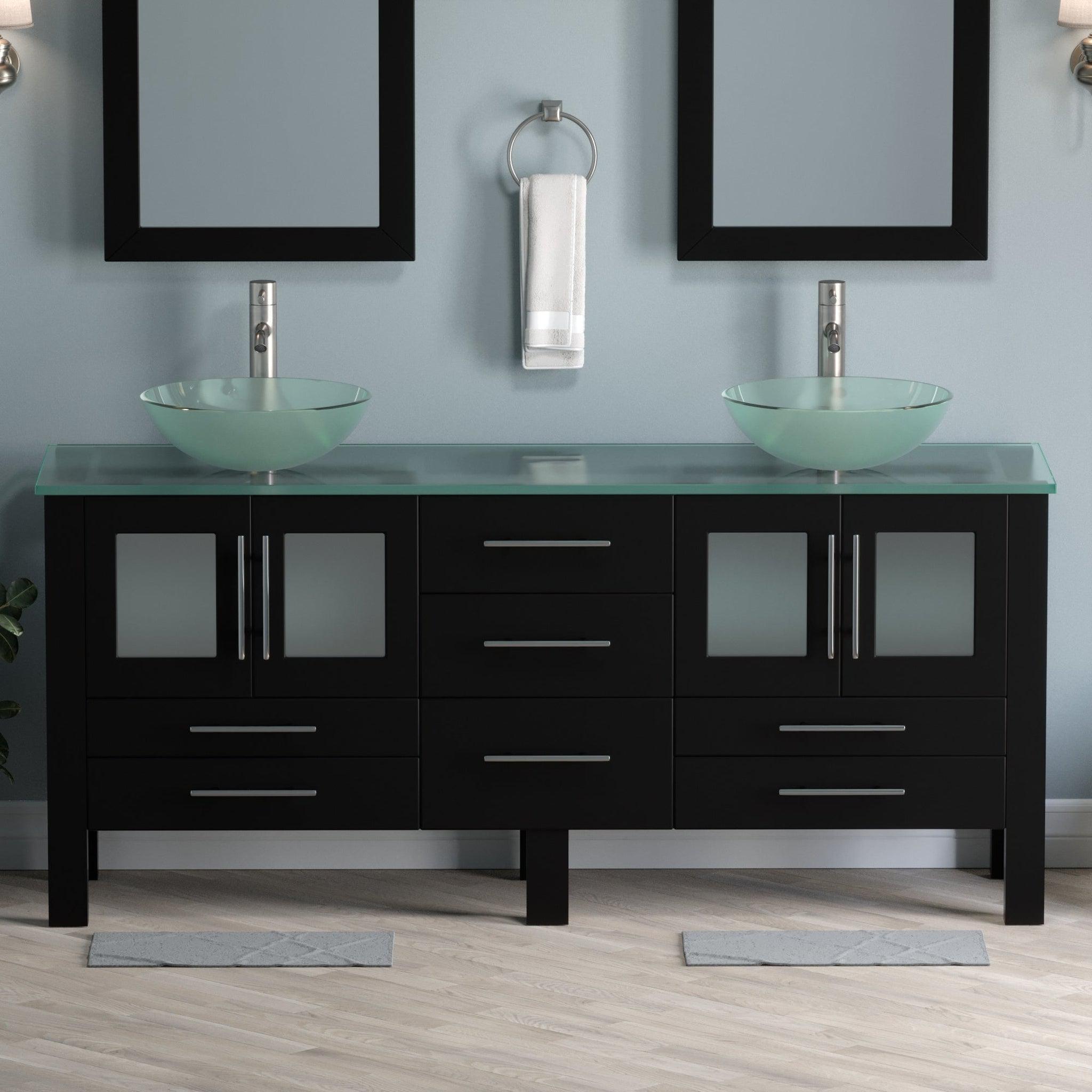 Cambridge Plumbing, Cambridge Plumbing 72" Black Espresso Wood Double Vanity Set With Tempered Glass Countertop And Circular Vessel Sink With Brushed Nickel Plumbing Finish