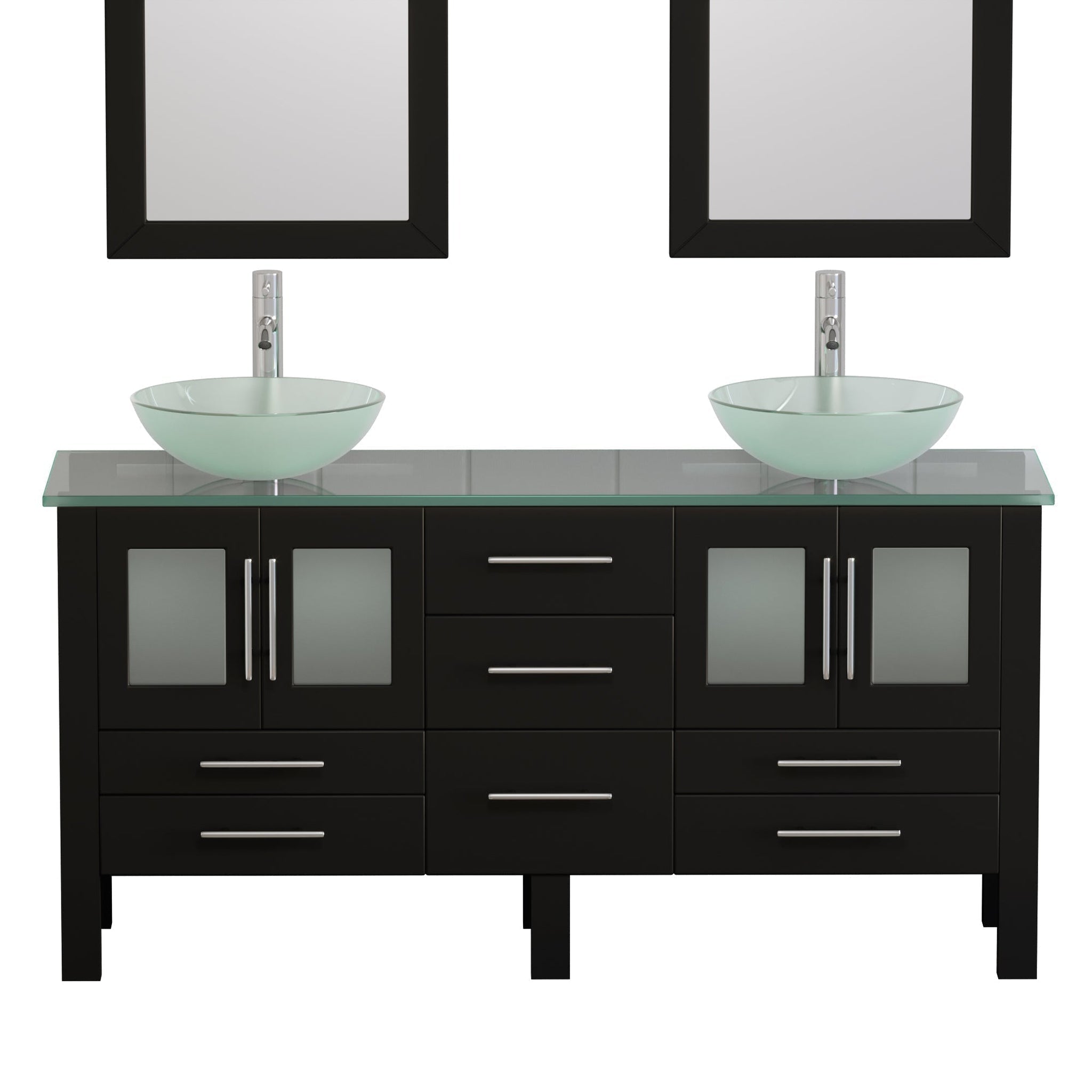 Cambridge Plumbing, Cambridge Plumbing 72" Black Espresso Wood Double Vanity Set With Tempered Glass Countertop And Circular Vessel Sink With Polished Chrome Plumbing Finish