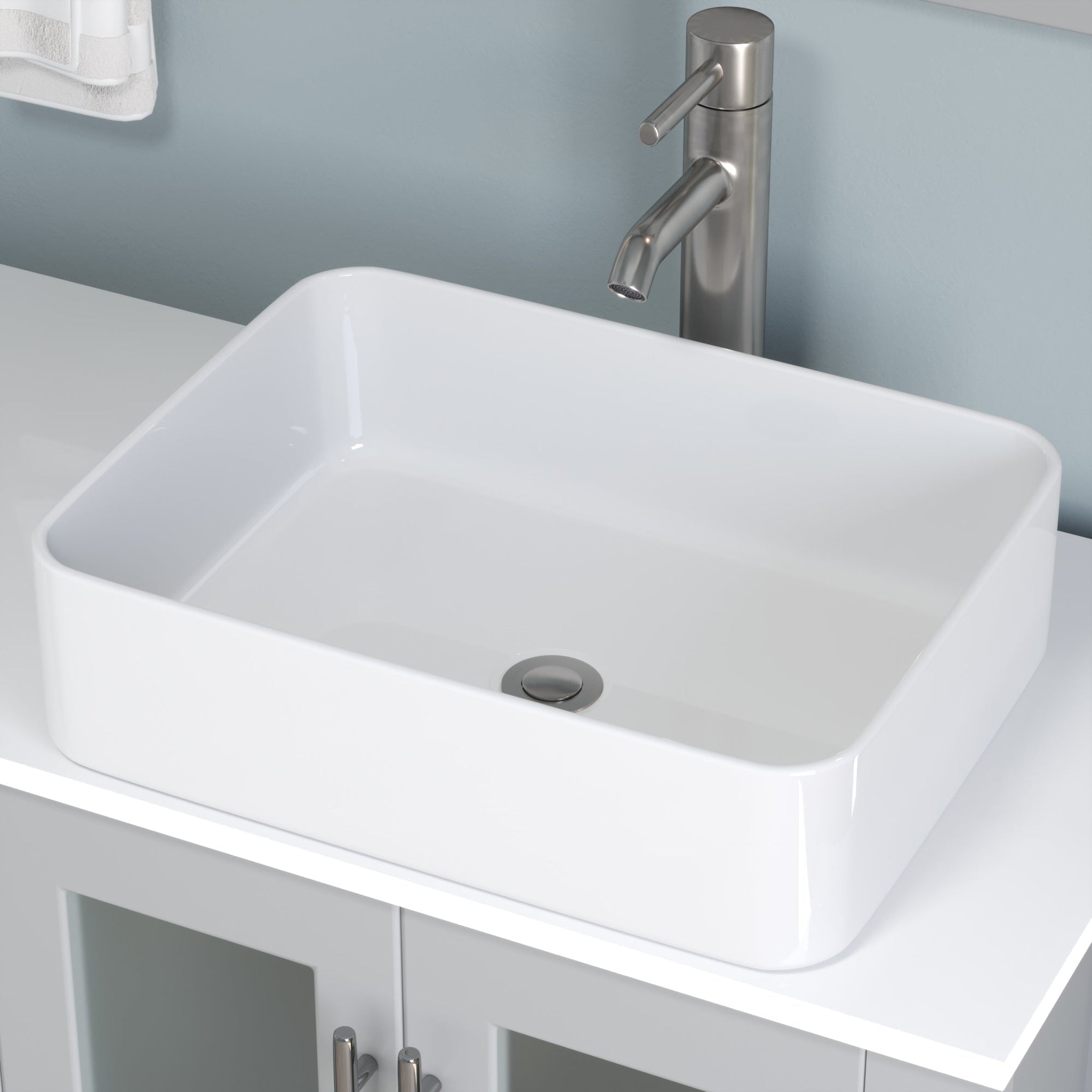 Cambridge Plumbing, Cambridge Plumbing 72" Gray Wood Double Vanity Set With Porcelain Countertop And Rectangular Vessel Sink With Brushed Nickel Plumbing Finish