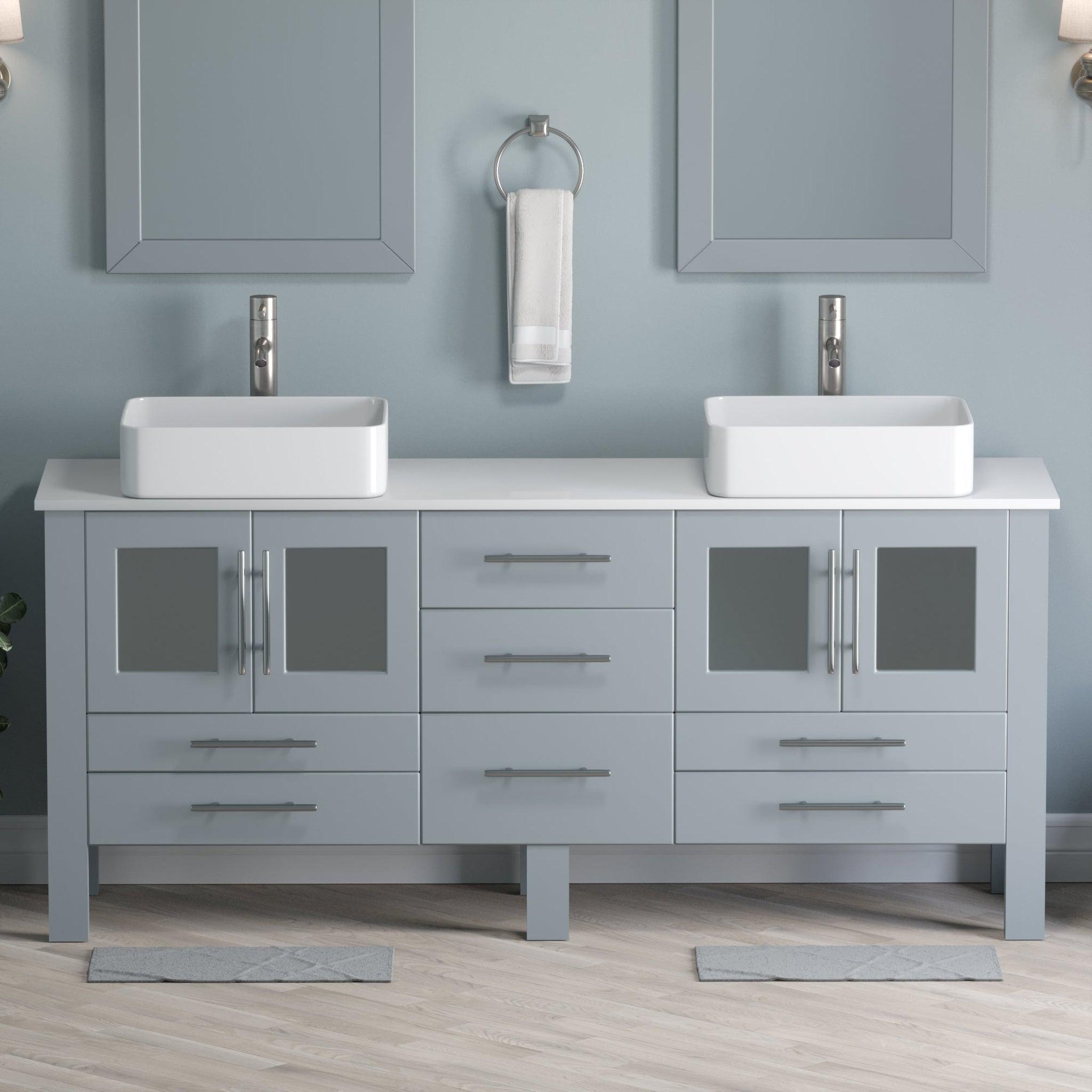 Cambridge Plumbing, Cambridge Plumbing 72" Gray Wood Double Vanity Set With Porcelain Countertop And Rectangular Vessel Sink With Brushed Nickel Plumbing Finish