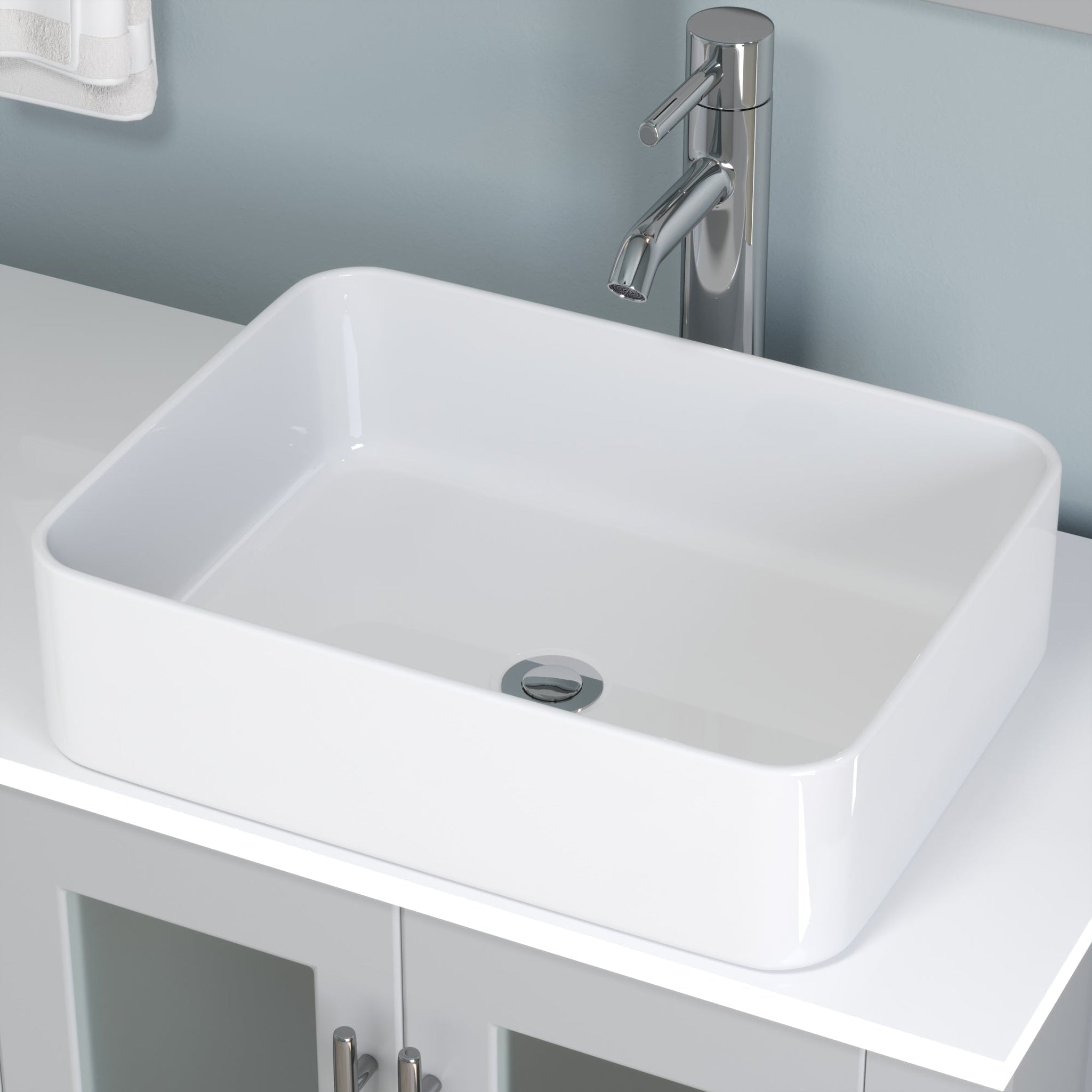 Cambridge Plumbing, Cambridge Plumbing 72" Gray Wood Double Vanity Set With Porcelain Countertop And Rectangular Vessel Sink With Polished Chrome Plumbing Finish