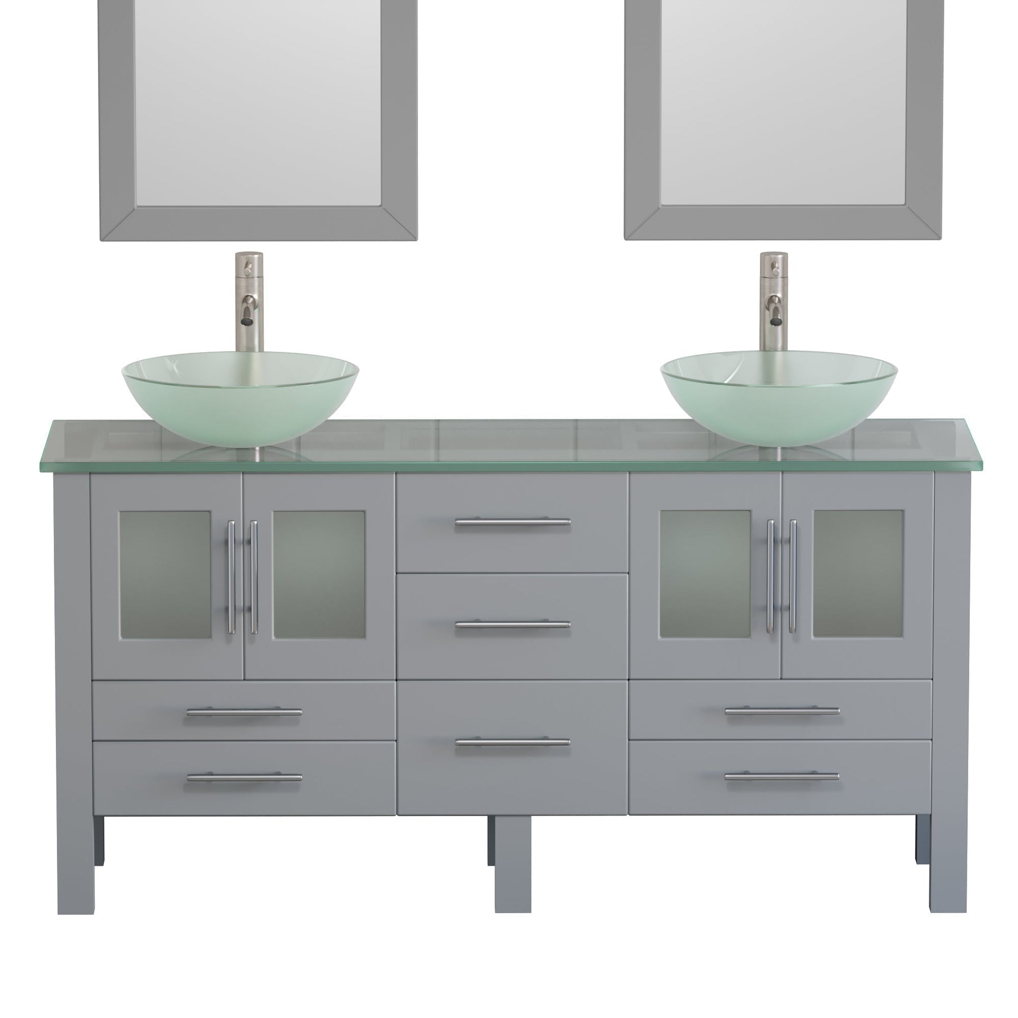 Cambridge Plumbing, Cambridge Plumbing 72" Gray Wood Double Vanity Set With Tempered Glass Countertop And Circular Vessel Sink With Brushed Nickel Plumbing Finish