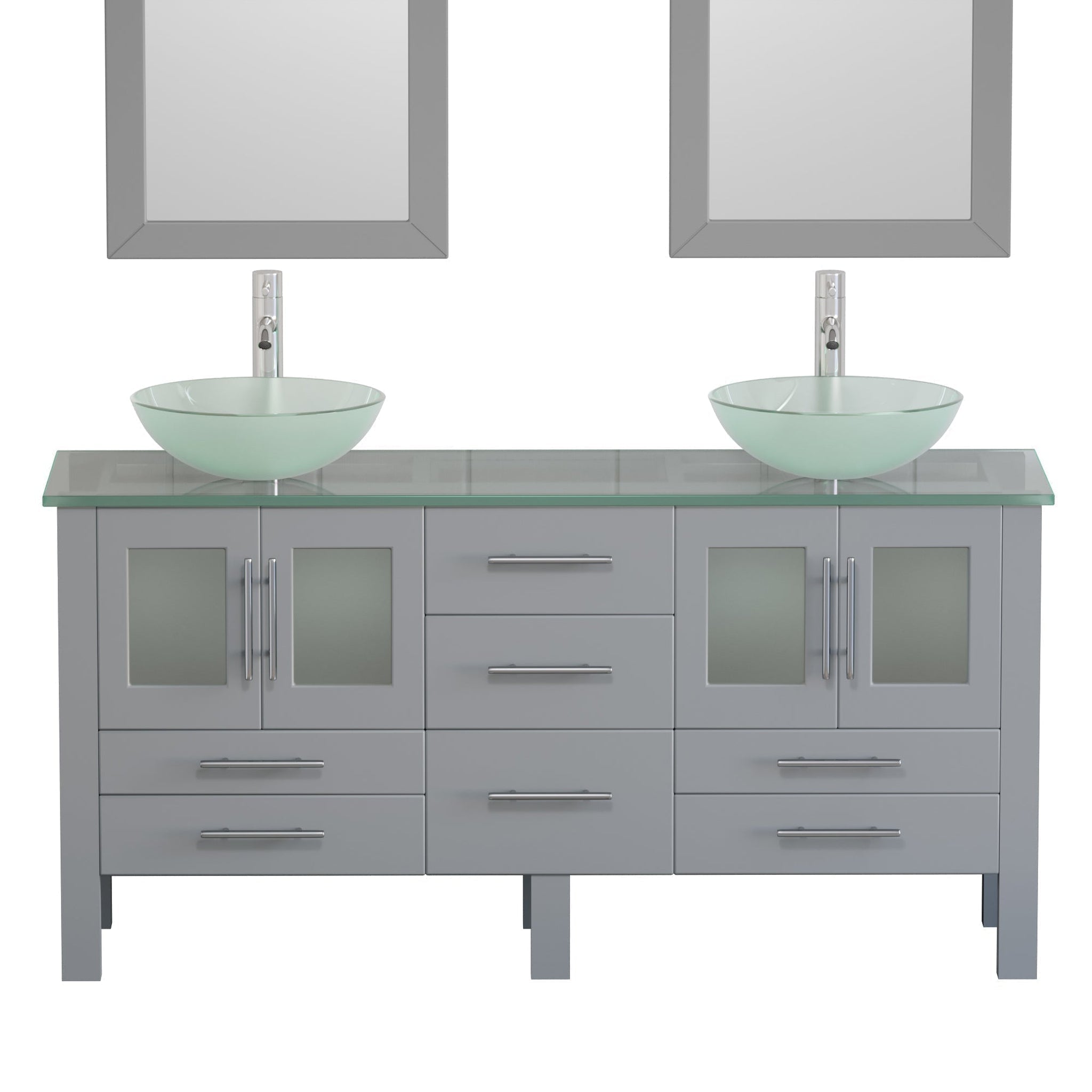 Cambridge Plumbing, Cambridge Plumbing 72" Gray Wood Double Vanity Set With Tempered Glass Countertop And Circular Vessel Sink With Polished Chrome Plumbing Finish