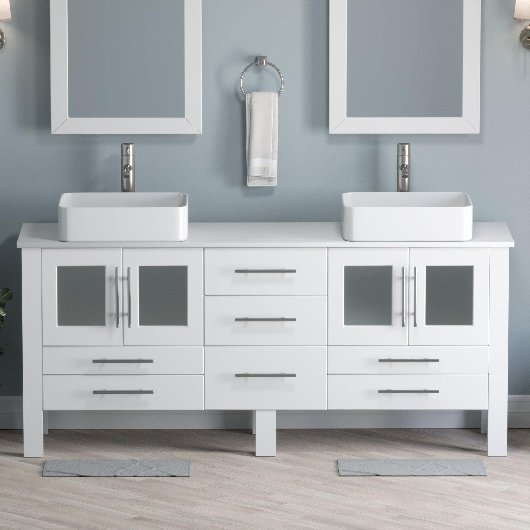 Cambridge Plumbing, Cambridge Plumbing 72" White Wood Double Vanity Set With Porcelain Countertop And Rectangular Vessel Sink With Brushed Nickel Plumbing Finish