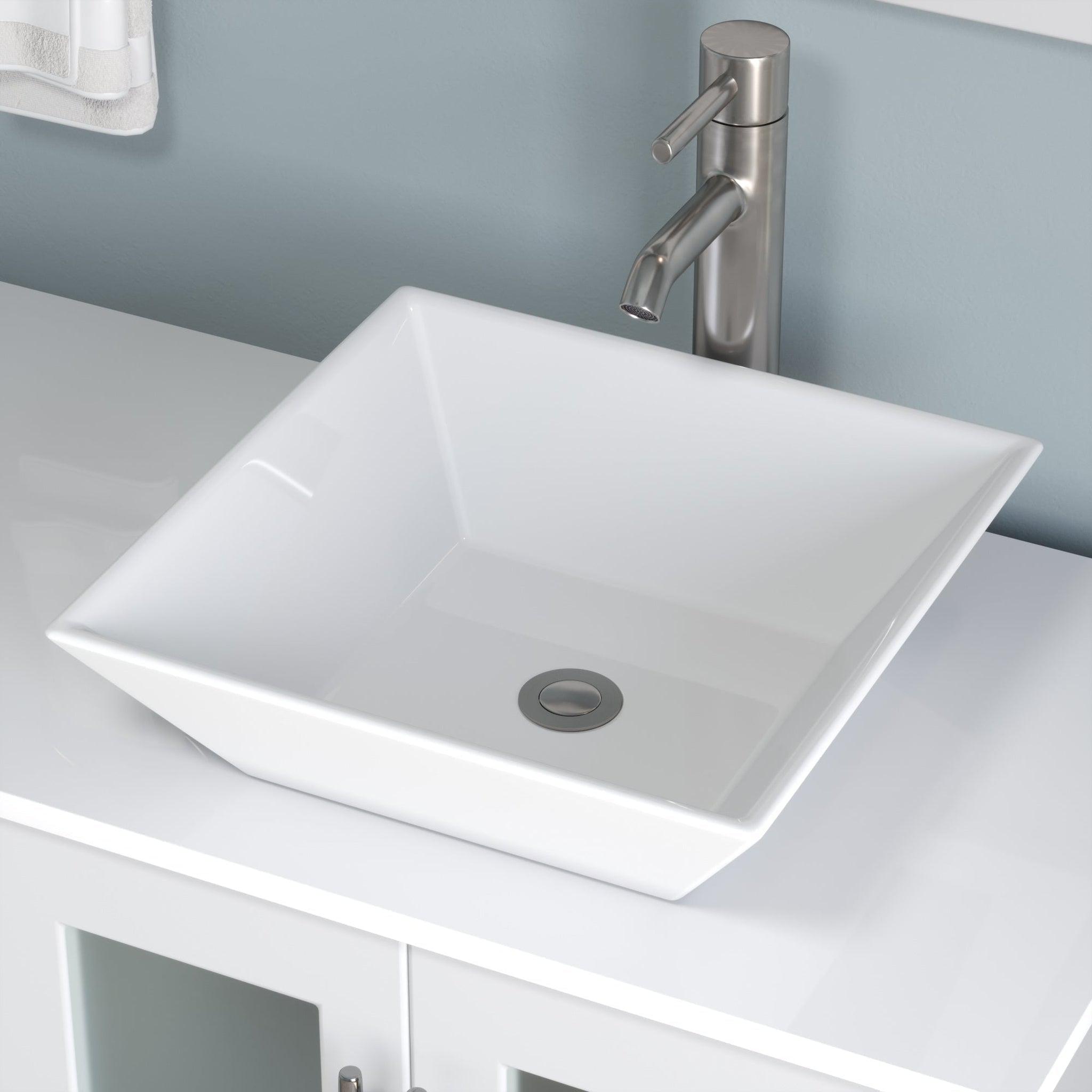 Cambridge Plumbing, Cambridge Plumbing 72" White Wood Double Vanity Set With Porcelain Countertop And Square Vessel Sink With Brushed Nickel Plumbing Finish