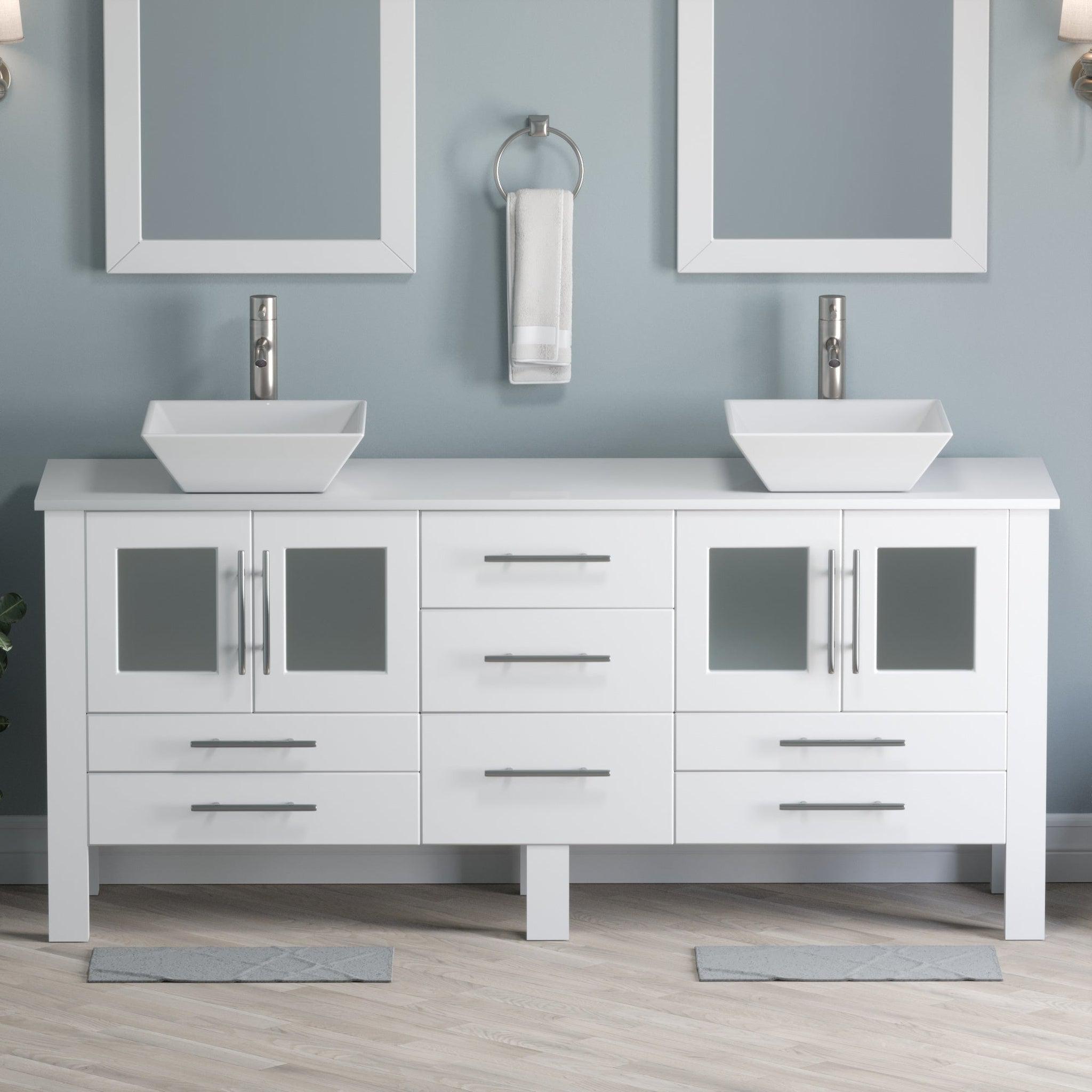 Cambridge Plumbing, Cambridge Plumbing 72" White Wood Double Vanity Set With Porcelain Countertop And Square Vessel Sink With Brushed Nickel Plumbing Finish