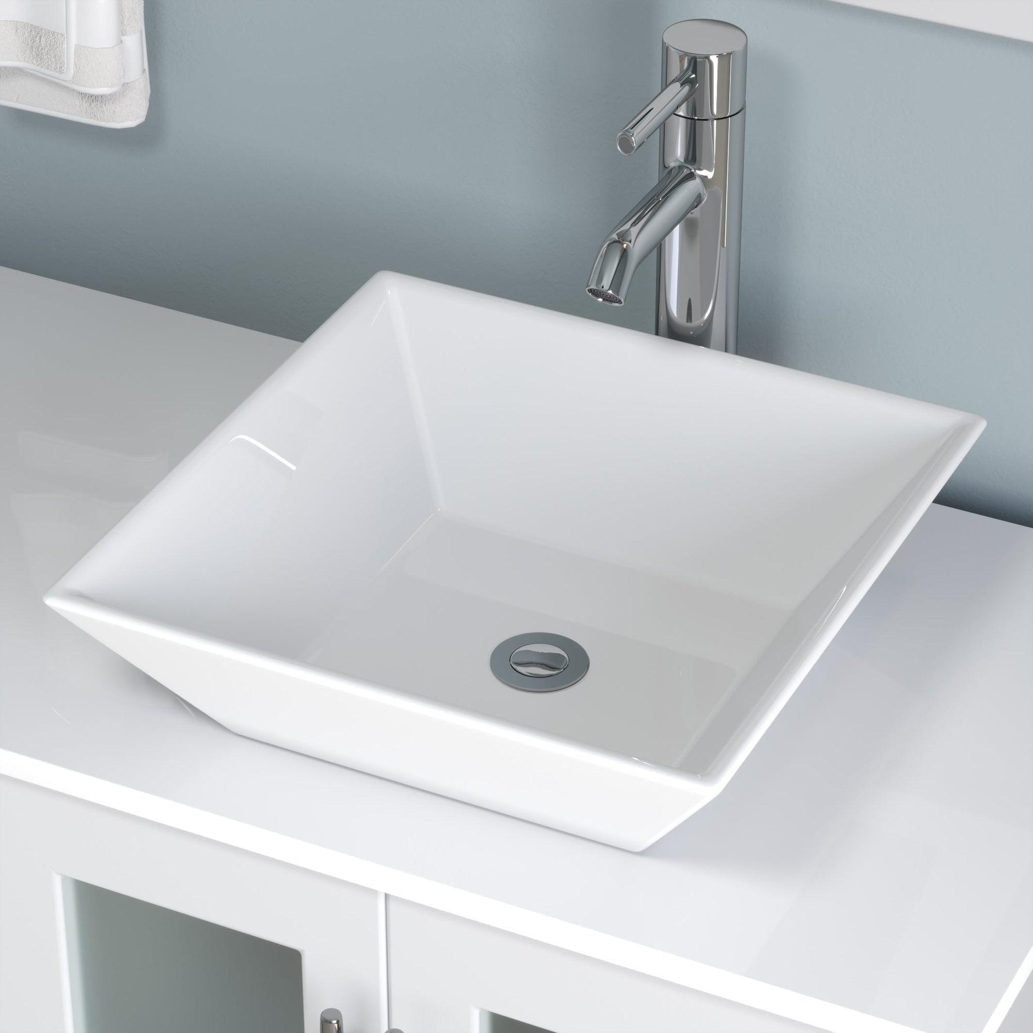 Cambridge Plumbing, Cambridge Plumbing 72" White Wood Double Vanity Set With Porcelain Countertop And Square Vessel Sink With Polished Chrome Plumbing Finish