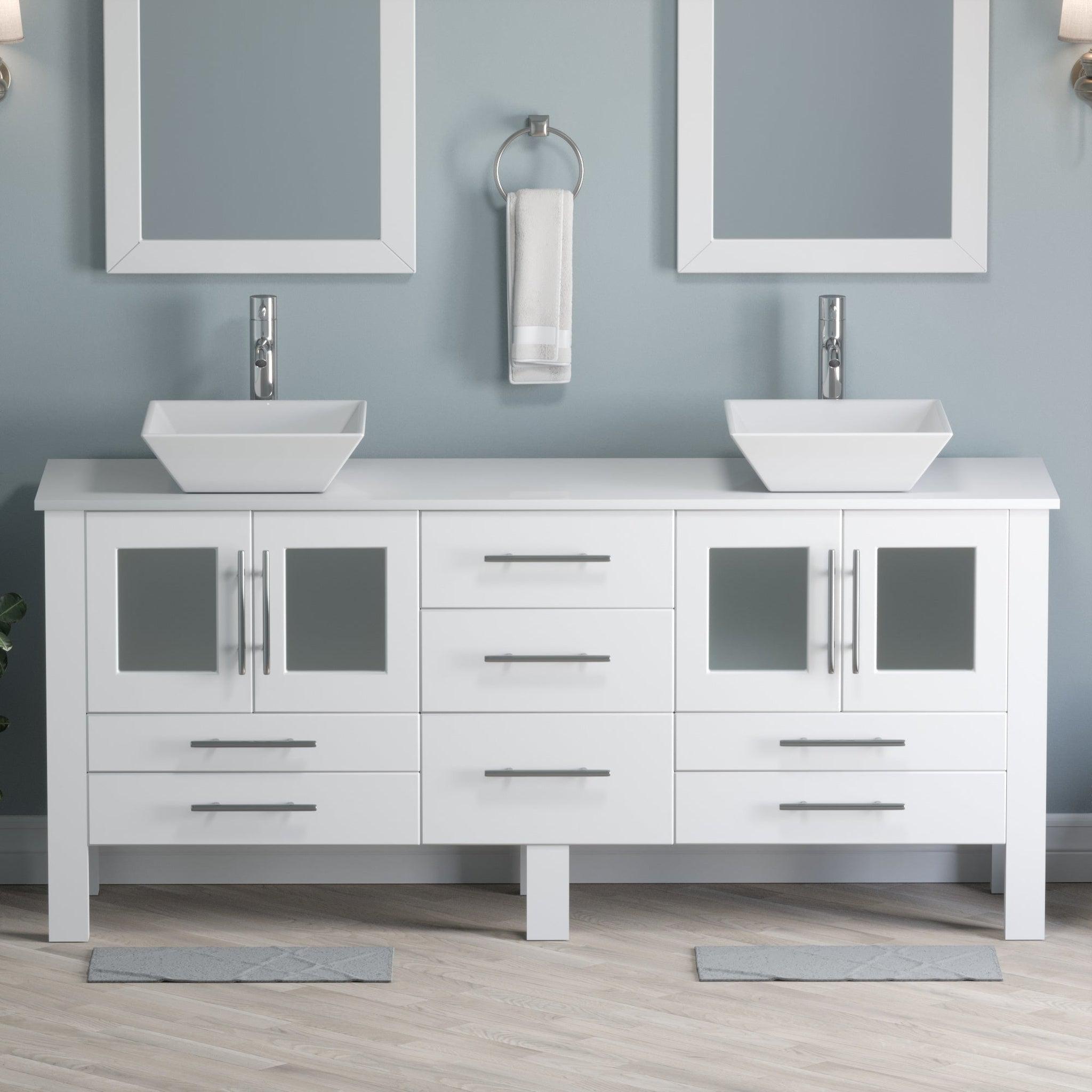 Cambridge Plumbing, Cambridge Plumbing 72" White Wood Double Vanity Set With Porcelain Countertop And Square Vessel Sink With Polished Chrome Plumbing Finish