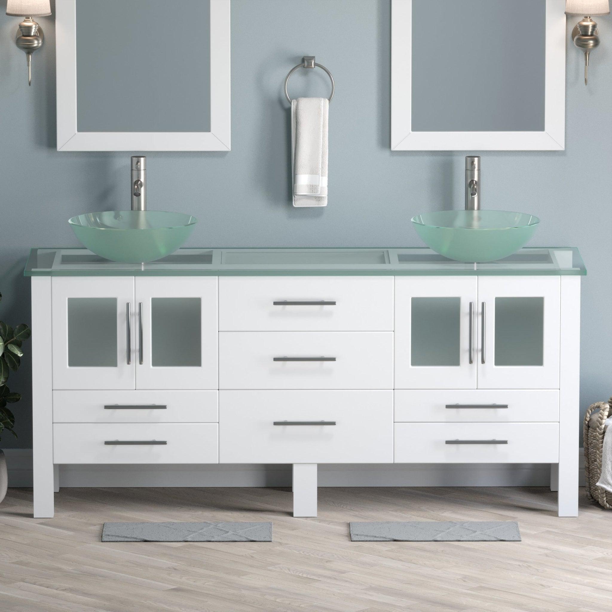 Cambridge Plumbing, Cambridge Plumbing 72" White Wood Double Vanity Set With Tempered Glass Countertop And Circular Vessel Sink With Brushed Nickel Plumbing Finish