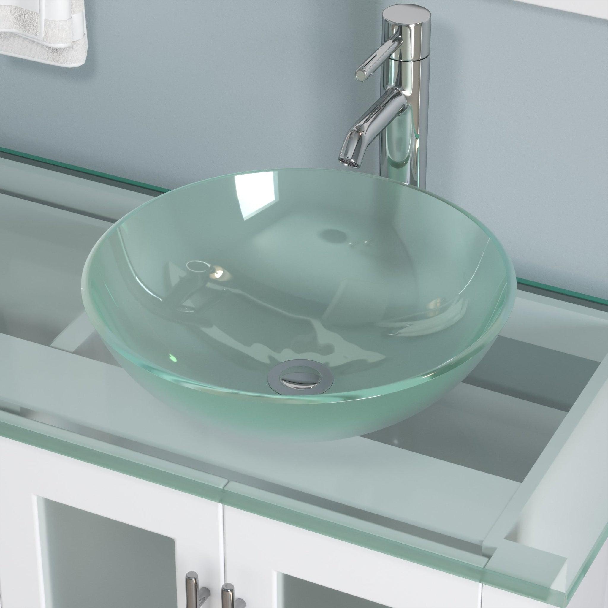 Cambridge Plumbing, Cambridge Plumbing 72" White Wood Double Vanity Set With Tempered Glass Countertop And Circular Vessel Sink With Polished Chrome Plumbing Finish