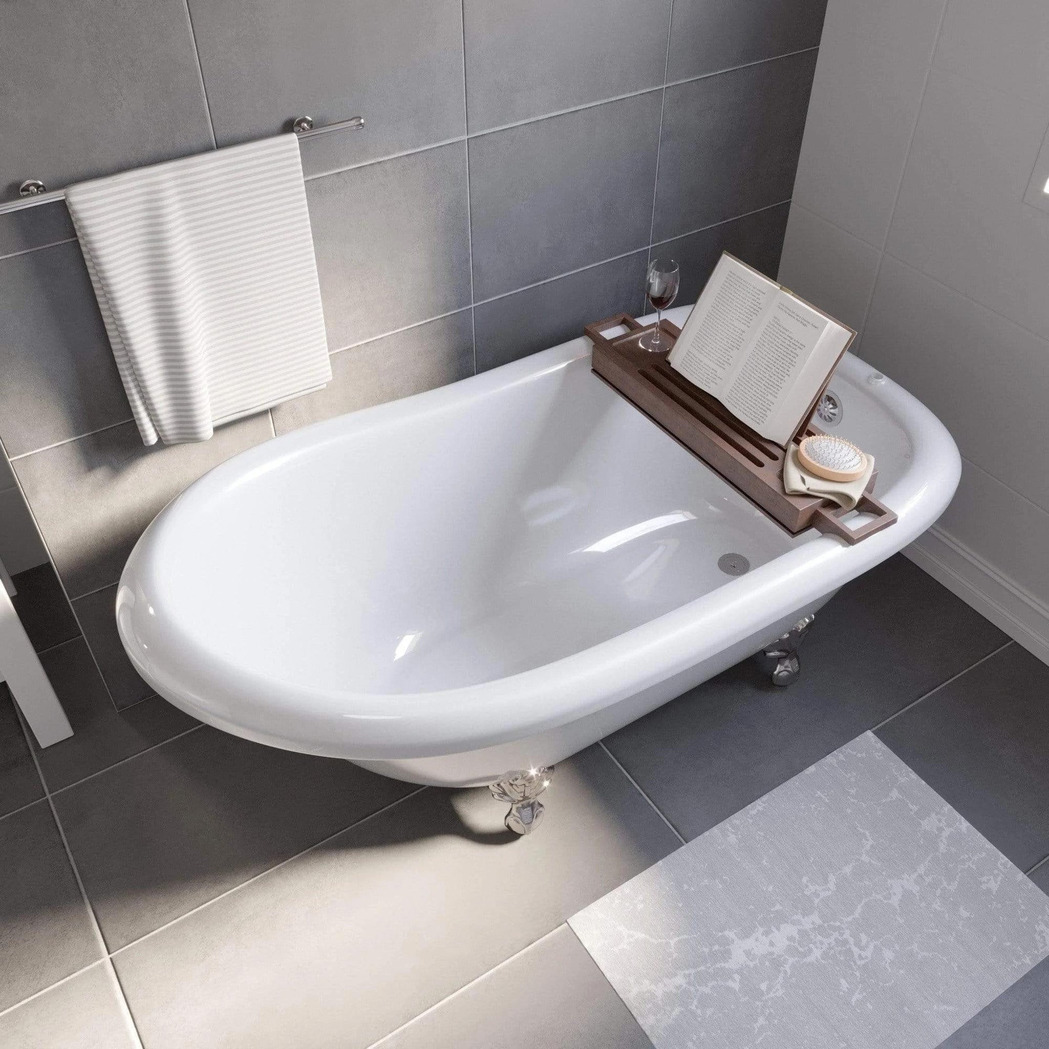 Cambridge Plumbing, Cambridge Plumbing Amber Waves 60" Gloss White Acrylic Single Slipper Clawfoot Bathtub With Deck Holes And Brushed Nickel Clawfeet