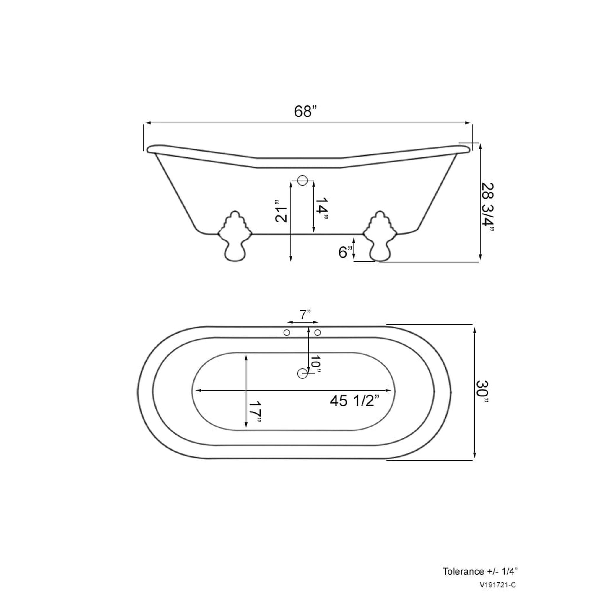 Cambridge Plumbing, Cambridge Plumbing Amber Waves 68" Gloss White Acrylic Double Slipper Clawfoot Bathtub With Deck Holes And Polished Chrome Clawfeet