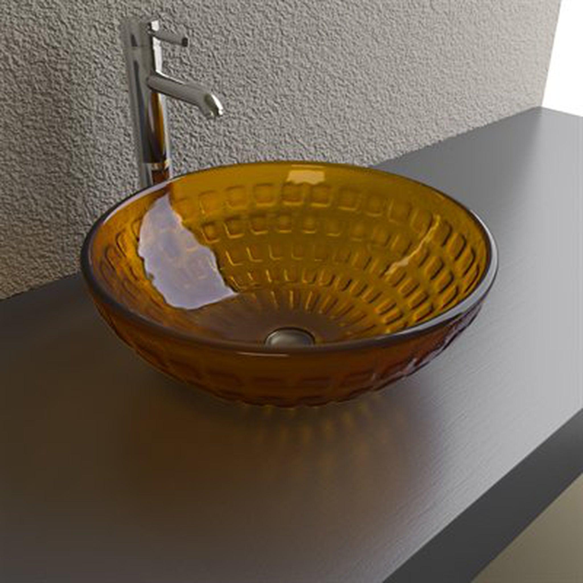 Cantrio Koncepts, Cantrio Koncepts GS-209 17" Round Amber Stained Glass Vessel Sink With Embossed Inlays