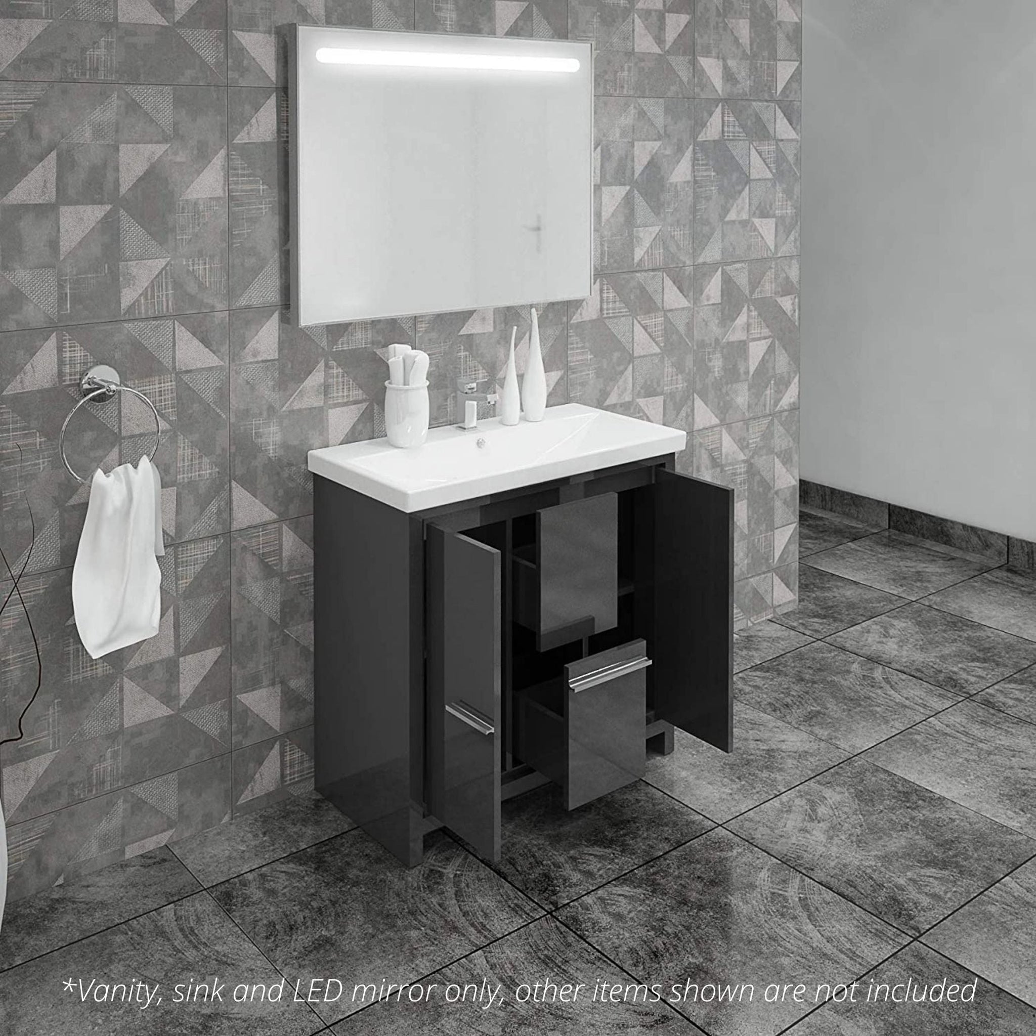 Casa Mare, Casa Mare Alessio 32" Glossy Gray Bathroom Vanity and Ceramic Sink Combo With LED Mirror