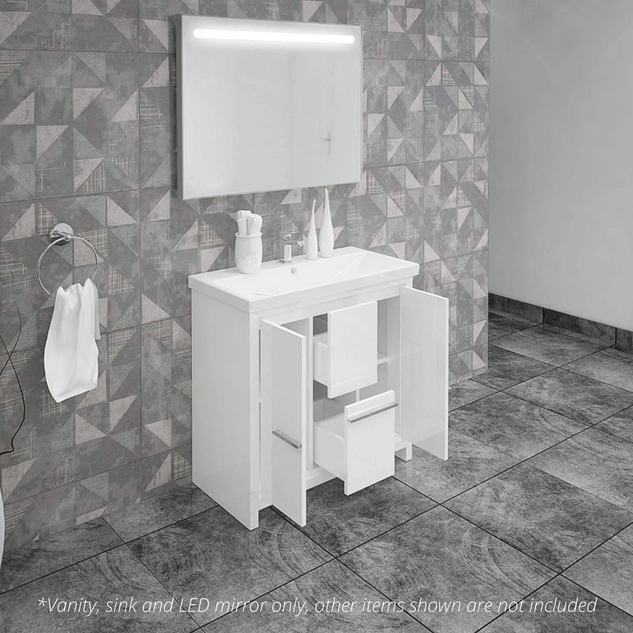 Casa Mare, Casa Mare Alessio 32" Glossy White Bathroom Vanity and Ceramic Sink Combo With LED Mirror