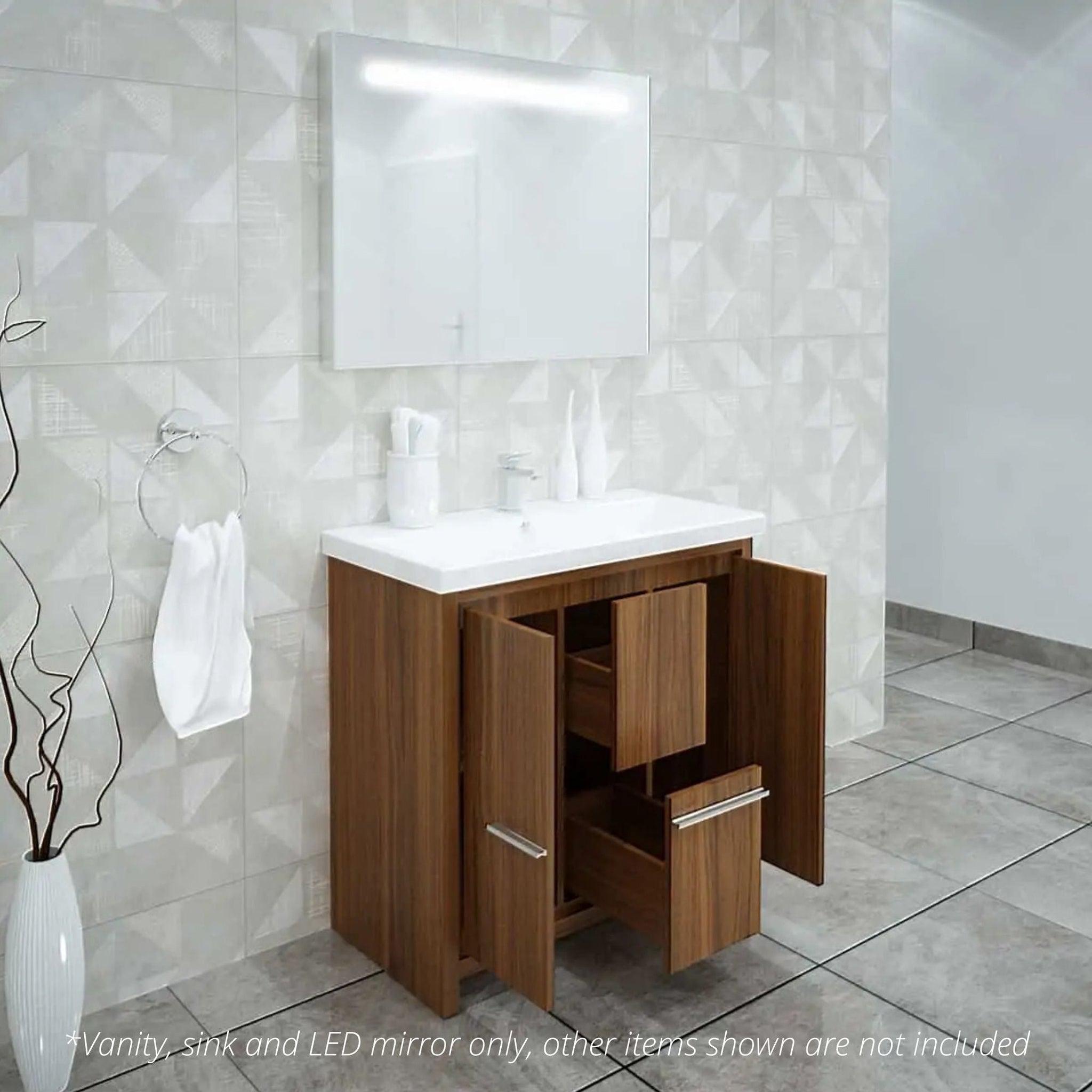 Casa Mare, Casa Mare Alessio 32" Matte Walnut Bathroom Vanity and Ceramic Sink Combo With LED Mirror