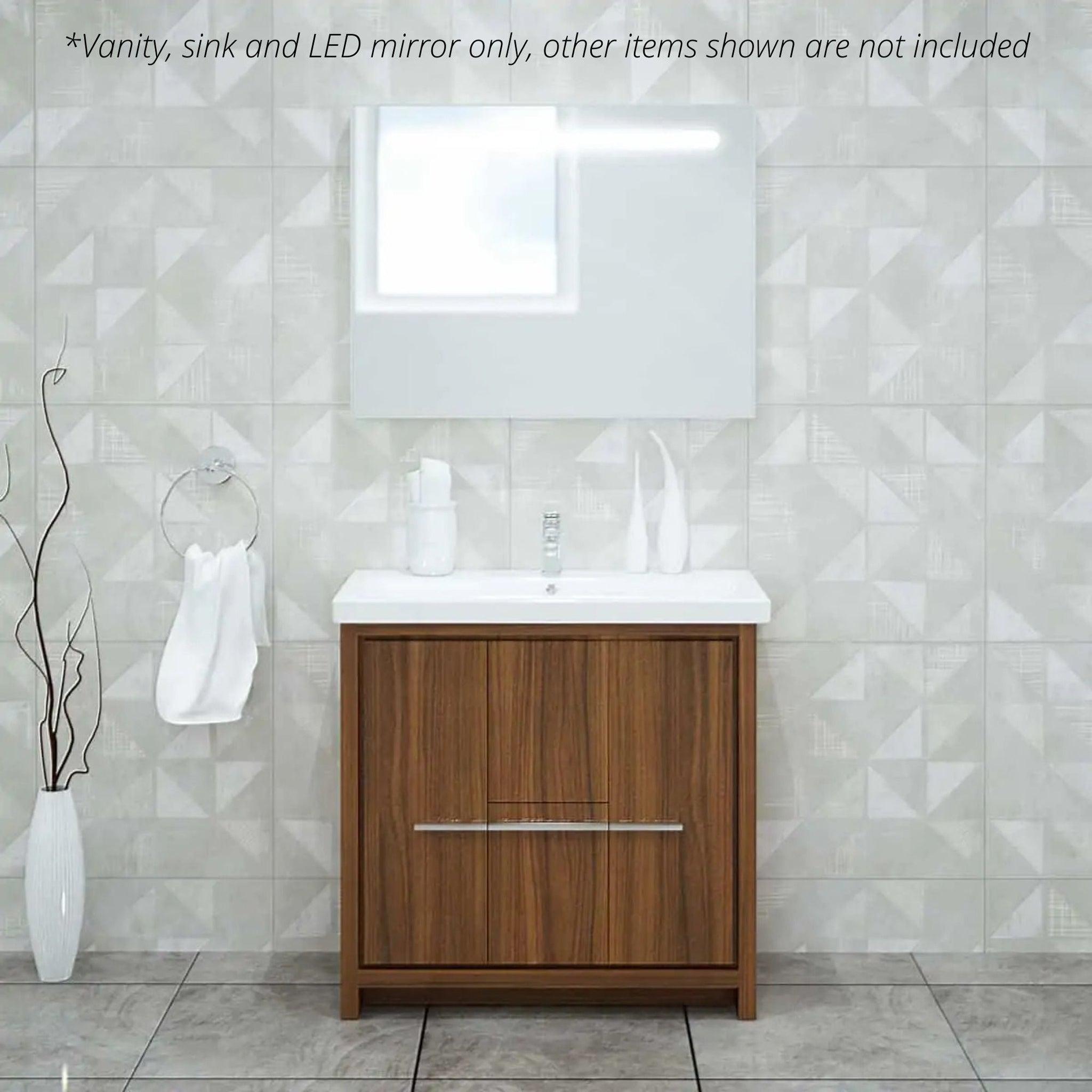 Casa Mare, Casa Mare Alessio 32" Matte Walnut Bathroom Vanity and Ceramic Sink Combo With LED Mirror