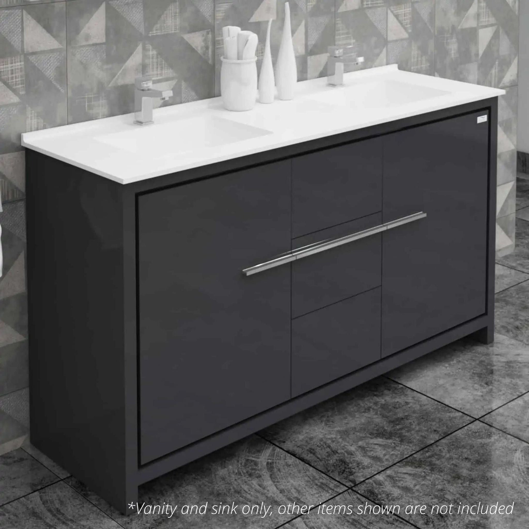 Casa Mare, Casa Mare Alessio 60" Glossy Gray Bathroom Vanity and Acrylic Double Sink Combo With LED Mirror