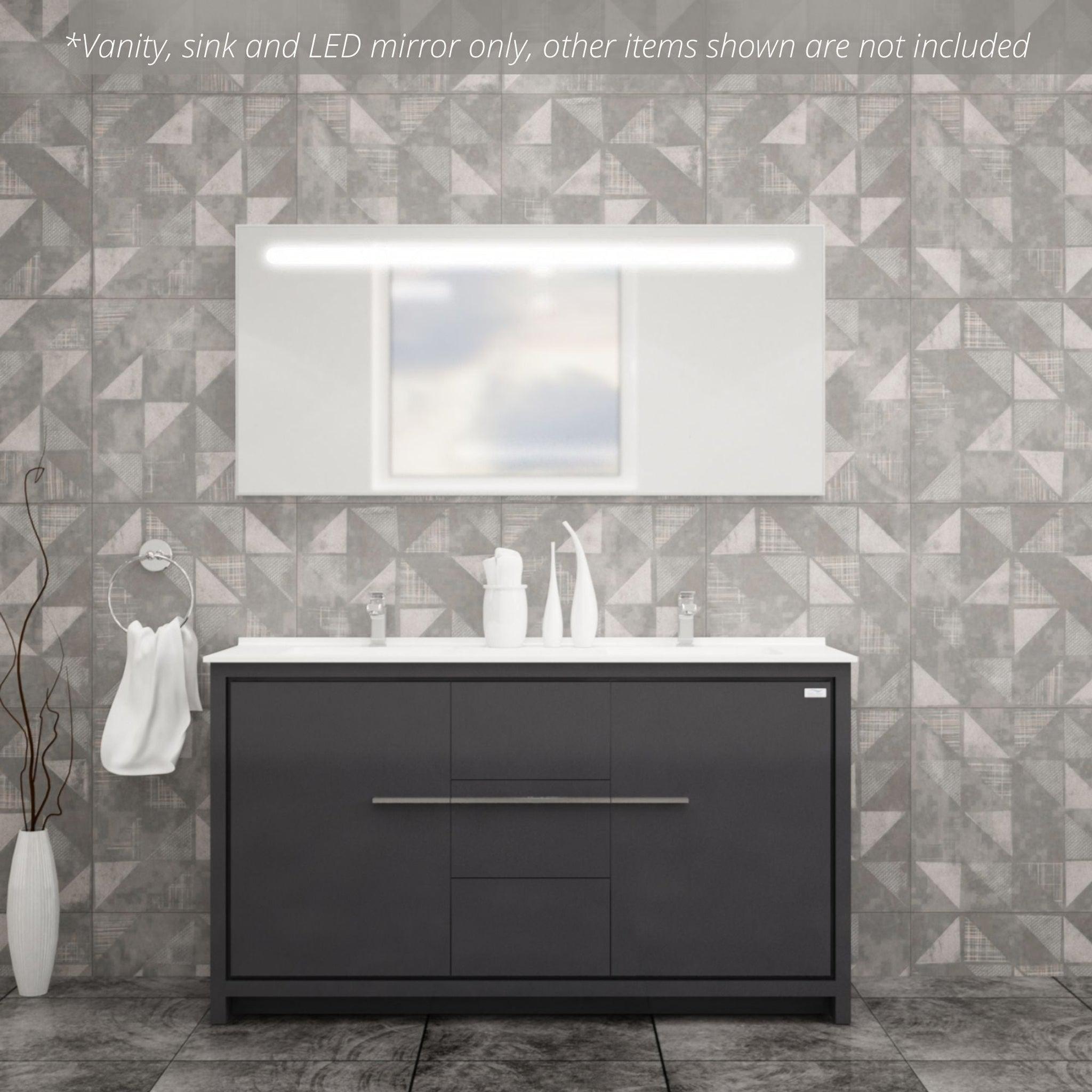 Casa Mare, Casa Mare Alessio 60" Glossy Gray Bathroom Vanity and Acrylic Double Sink Combo With LED Mirror