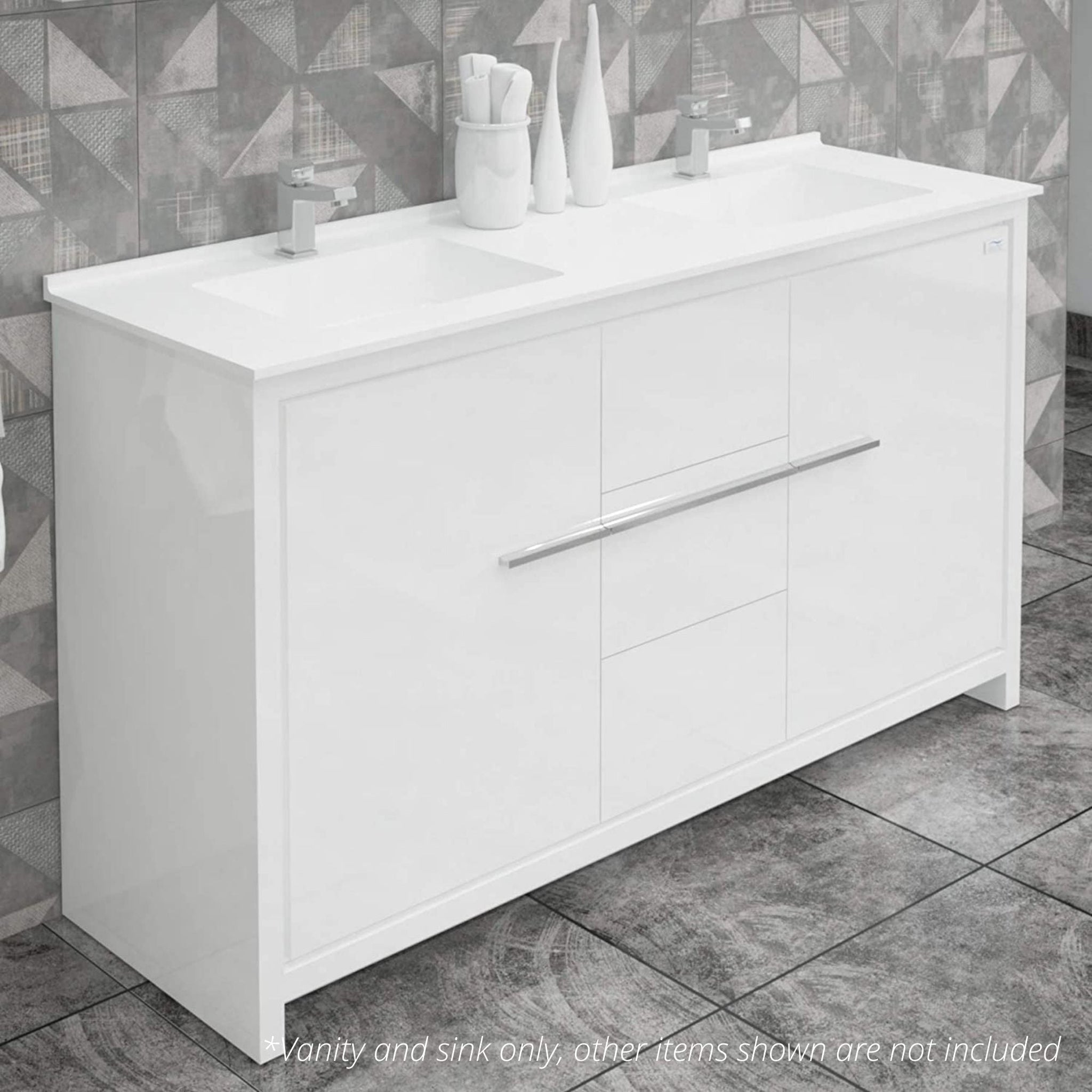 Casa Mare, Casa Mare Alessio 60" Glossy White Bathroom Vanity and Acrylic Double Sink Combo With LED Mirror