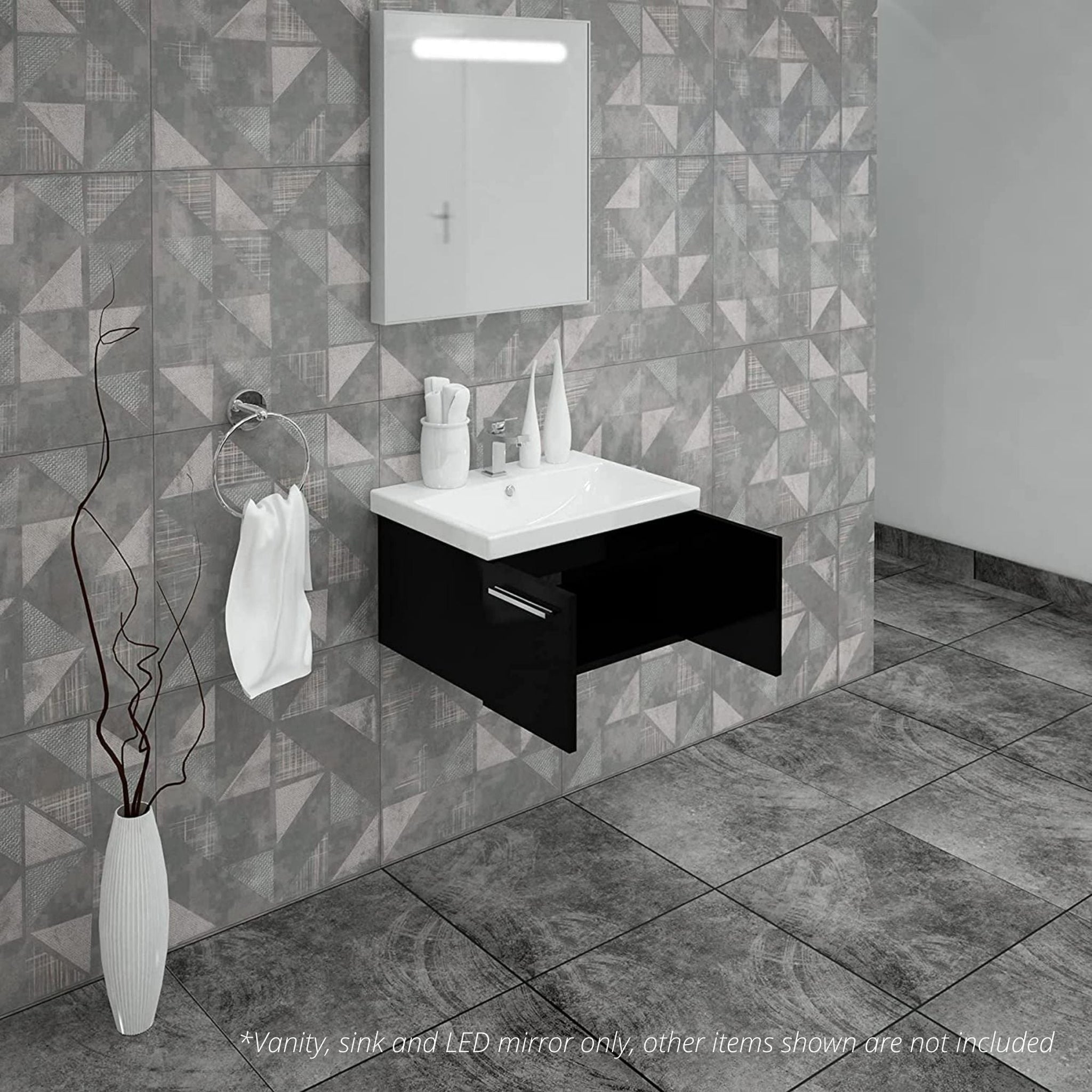 Casa Mare, Casa Mare Aspe 24" Glossy Black Wall-Mounted Bathroom Vanity and Ceramic Sink Combo With LED Mirror