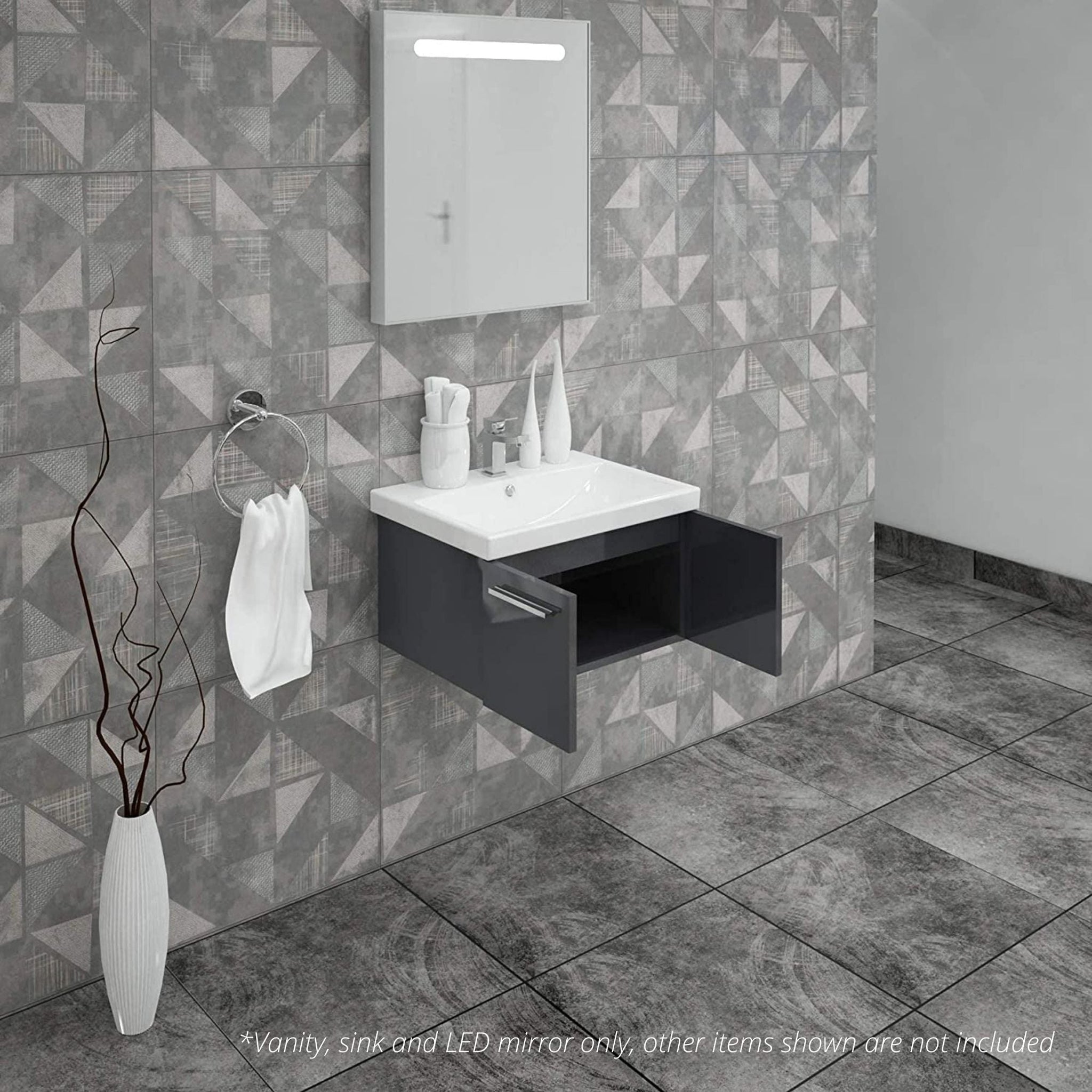 Casa Mare, Casa Mare Aspe 24" Glossy Gray Wall-Mounted Bathroom Vanity and Ceramic Sink Combo With LED Mirror