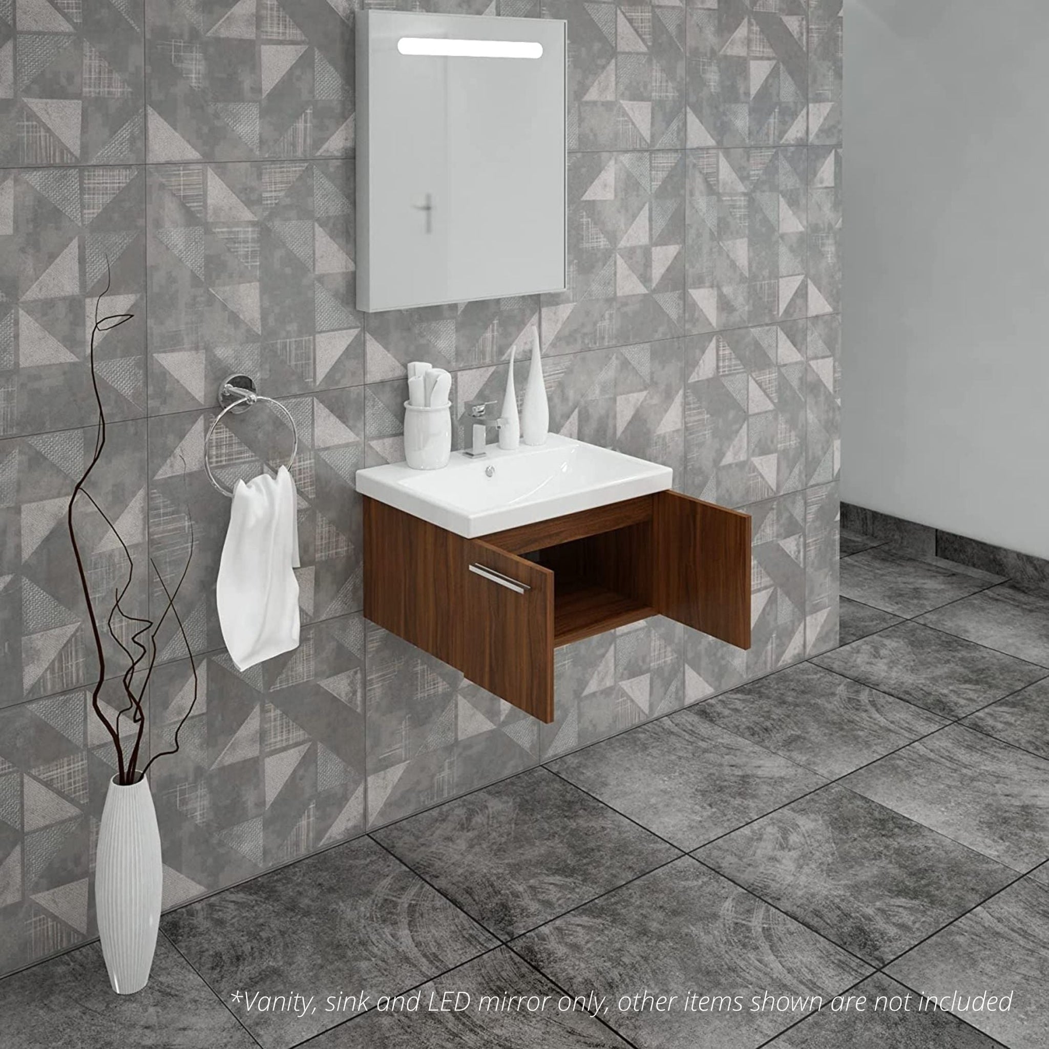 Casa Mare, Casa Mare Aspe 24" Matte Walnut Wall-Mounted Bathroom Vanity and Ceramic Sink Combo With LED Mirror