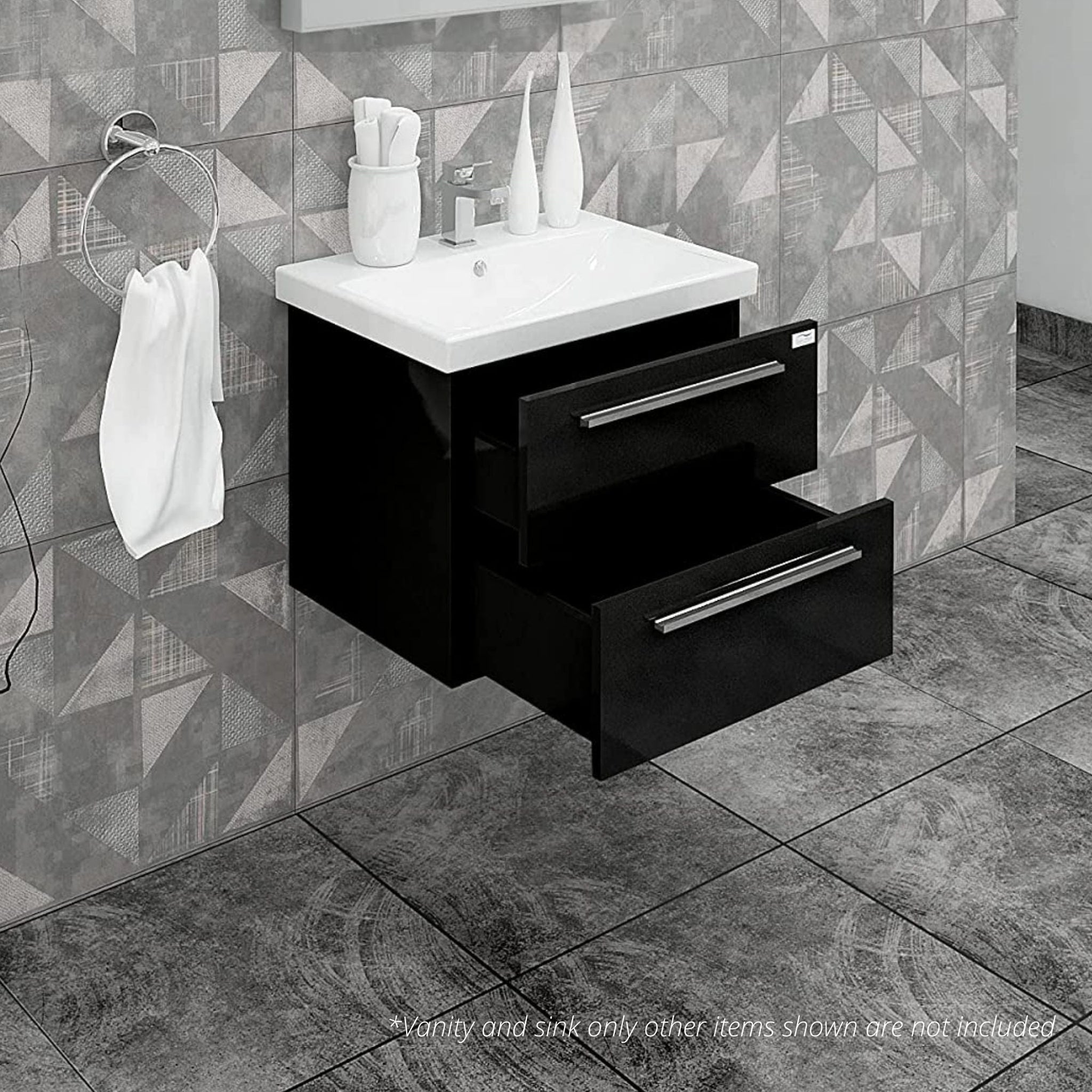 Casa Mare, Casa Mare Elke 24" Glossy Black Wall-Mounted Bathroom Vanity and Ceramic Sink Combo