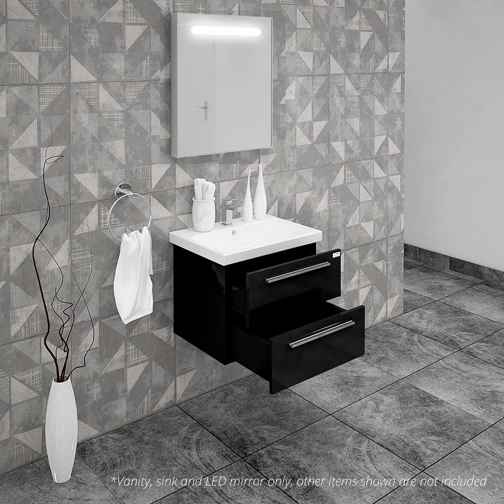 Casa Mare, Casa Mare Elke 24" Glossy Black Wall-Mounted Bathroom Vanity and Ceramic Sink Combo With LED Mirror