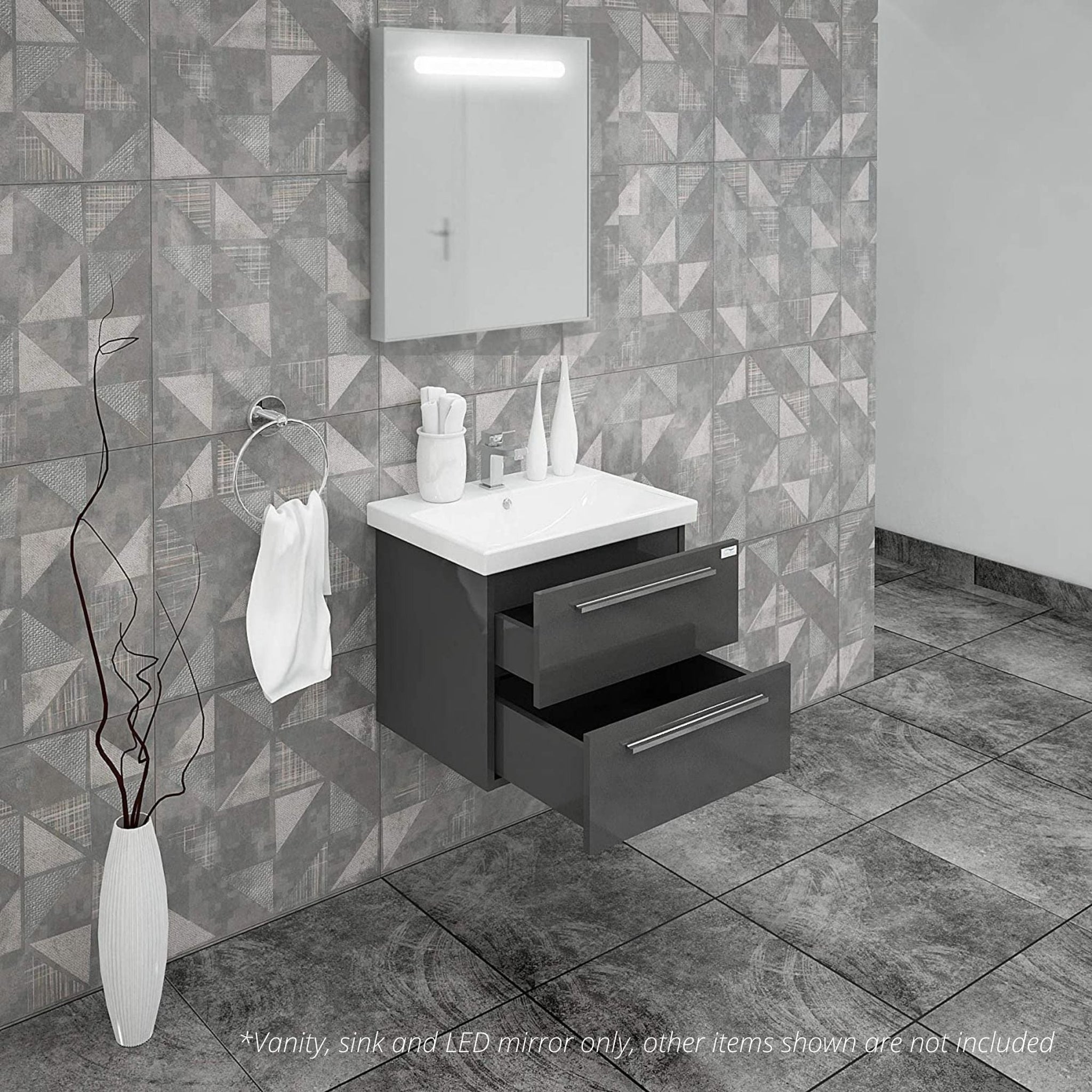 Casa Mare, Casa Mare Elke 24" Glossy Gray Wall-Mounted Bathroom Vanity and Ceramic Sink Combo With LED Mirror