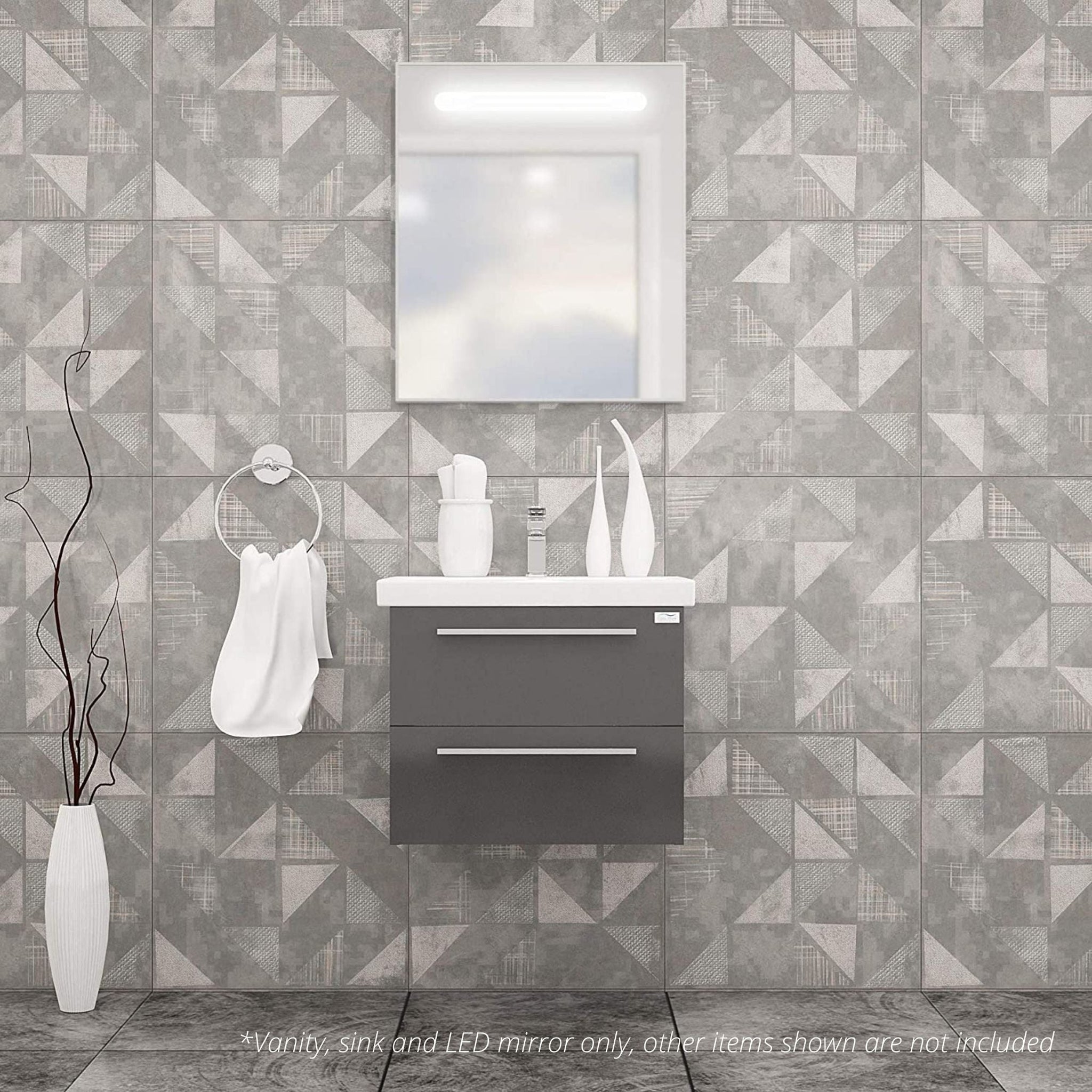 Casa Mare, Casa Mare Elke 24" Glossy Gray Wall-Mounted Bathroom Vanity and Ceramic Sink Combo With LED Mirror